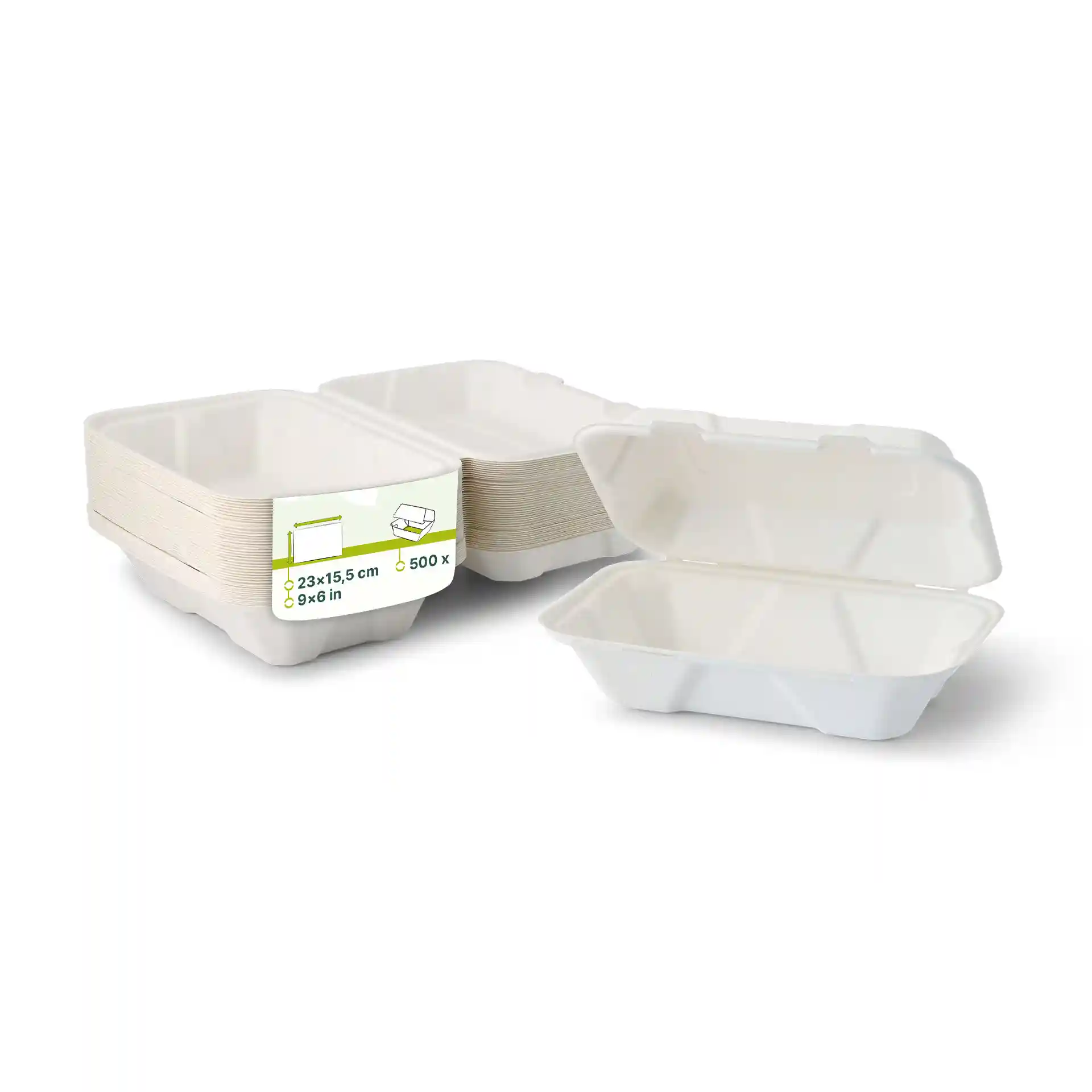 White rectangular sugarcane containers with hinged lids, measuring 23 x 15.5 cm, stacked with one open.