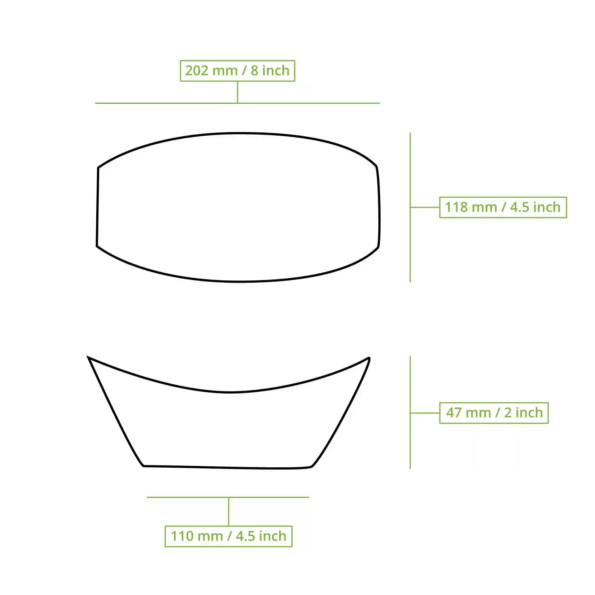 Schematic drawing of a palm leaf boat with dimensions: 202 mm length, 118 mm width, and 47 mm height.