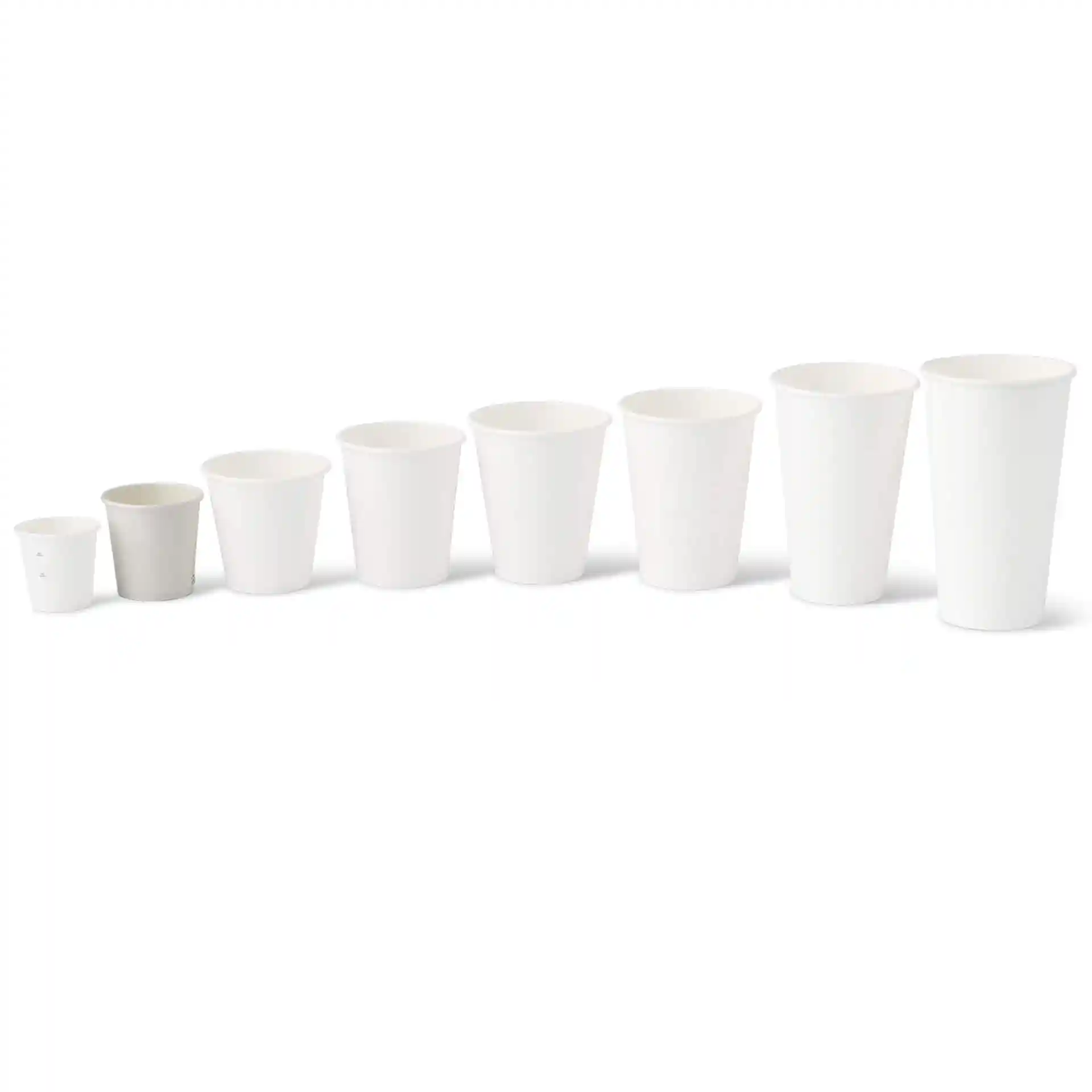 Set of eight white paper cups in varying sizes, displayed from smallest to largest, with a single wall design.