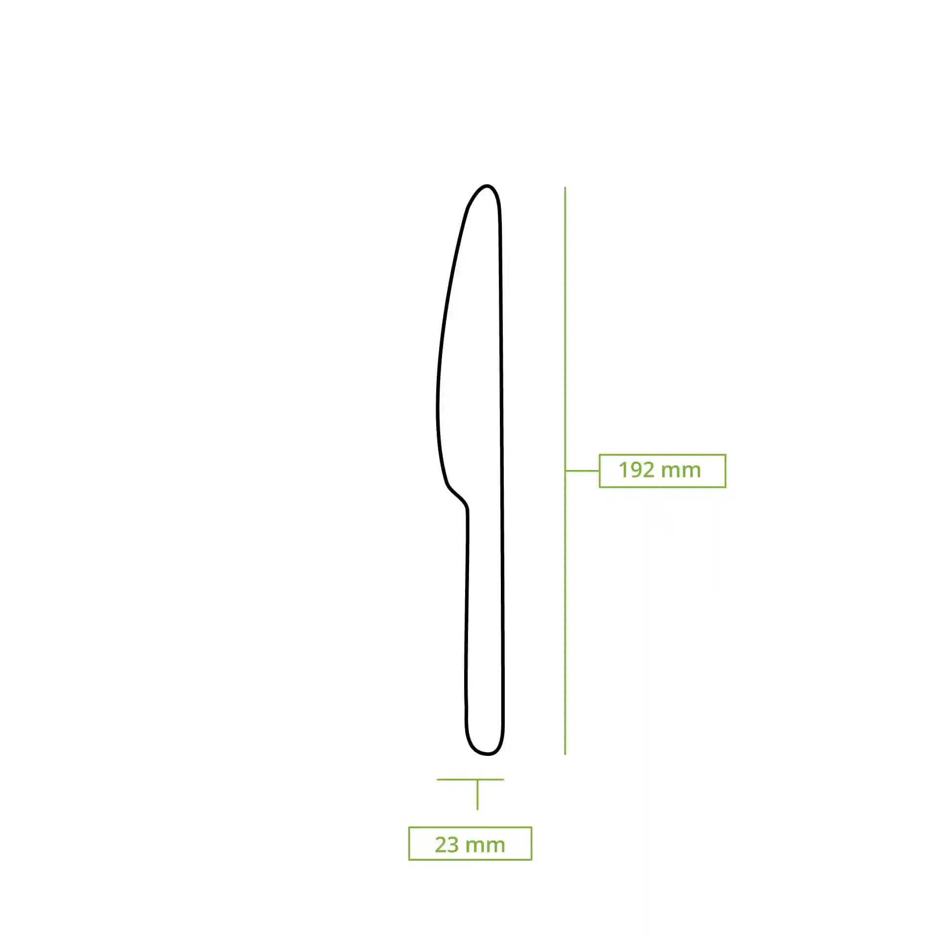 Schematic drawing of a wooden knife with dimensions of 192 mm length and 23 mm width.