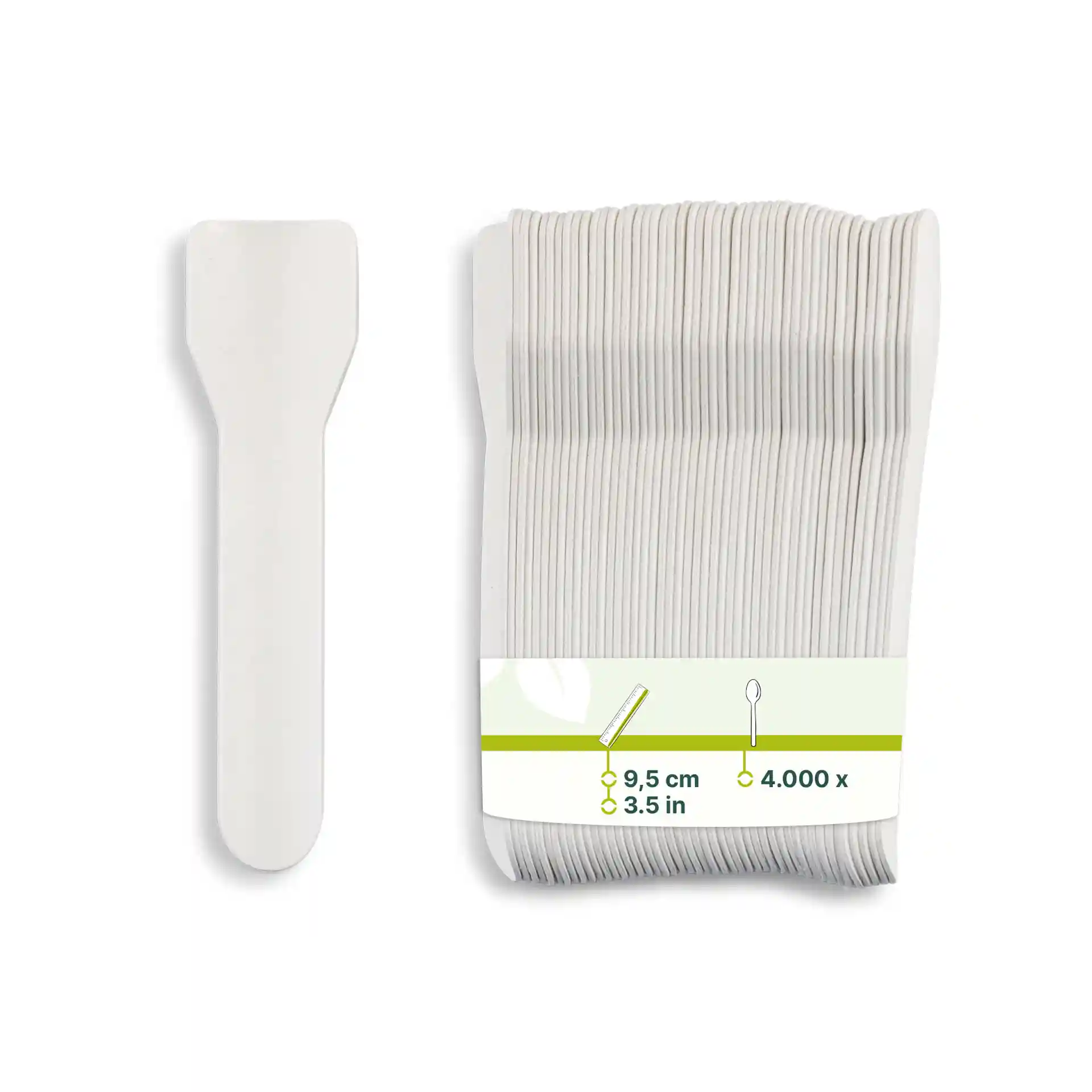 White paper ice cream spoon, 9.5 cm long, with a pack of multiple spoons visible in the image.