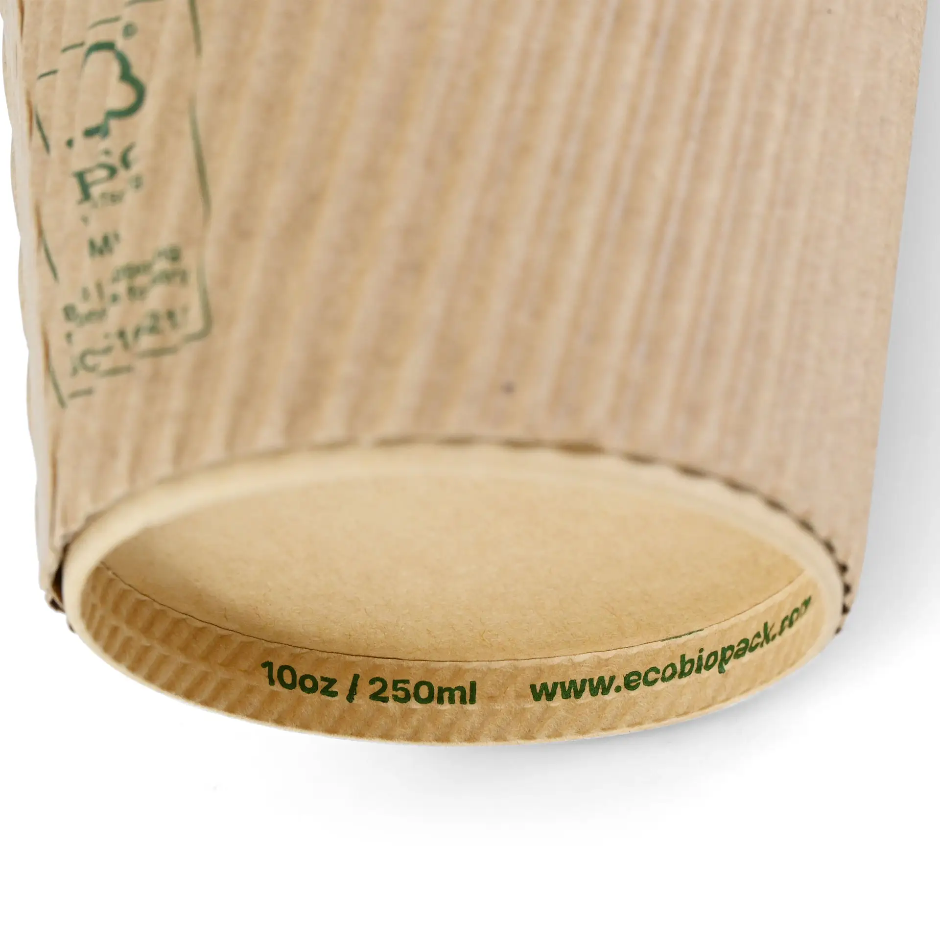 Brown triple-walled disposable coffee cup with PLA coating, labeled for 10 oz / 250 ml size and eco-friendly website.
