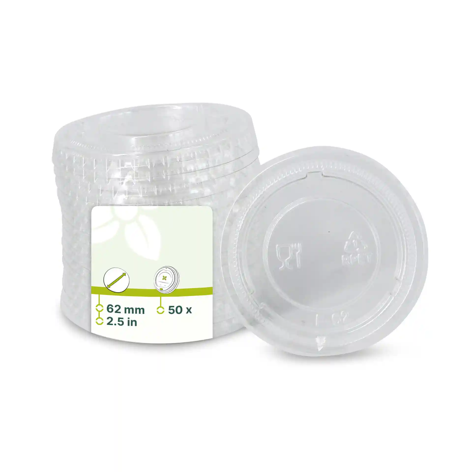 Transparent rPET lids with a diameter of 62 mm, stacked with a label showing product details.