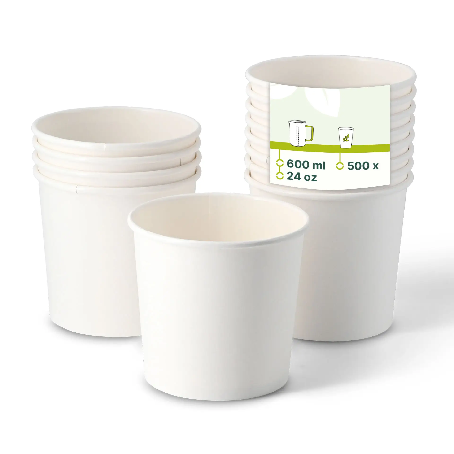 A stack of white biodegradable cardboard soup cups with a PLA coating, each holding 600 ml, displayed with a label.
