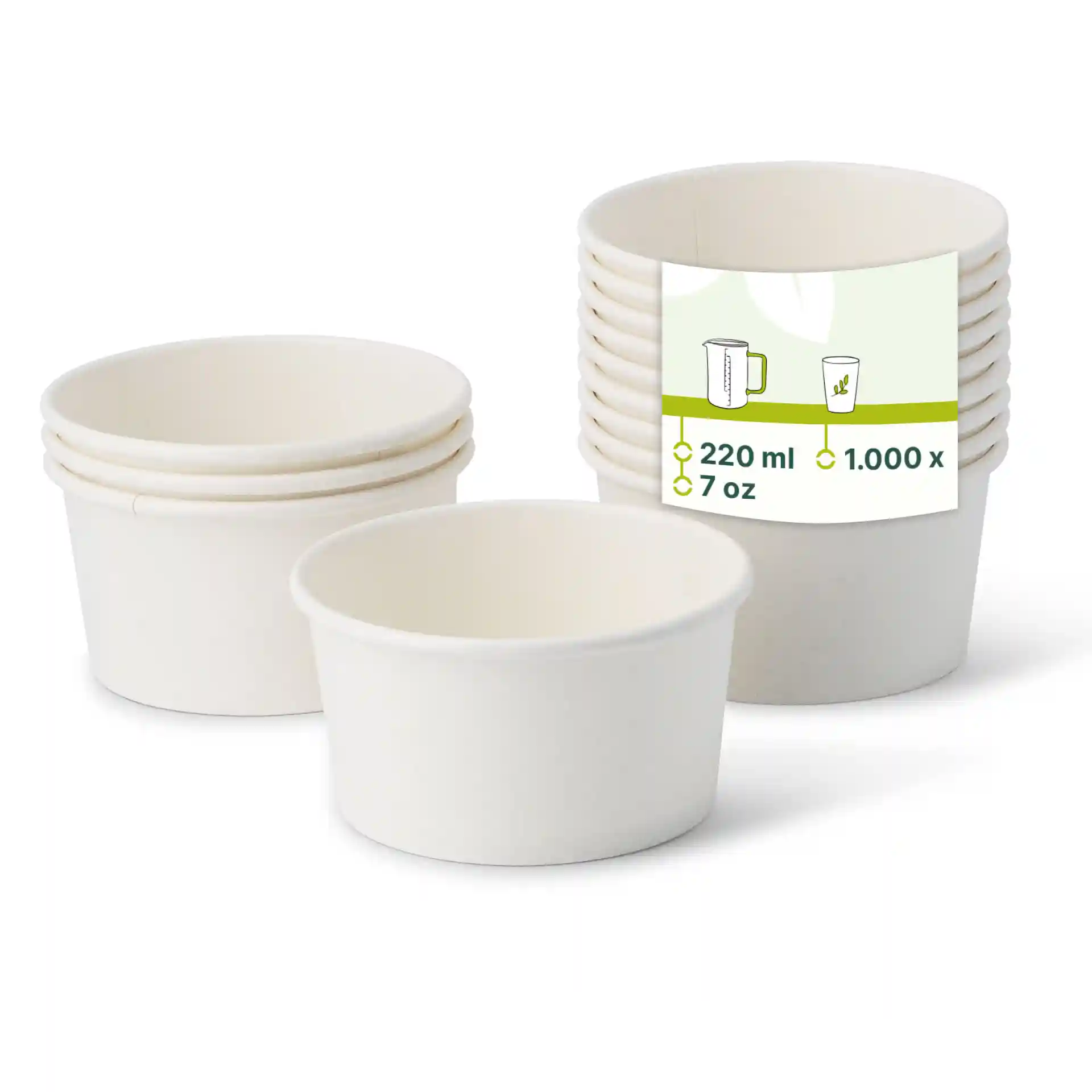 Stack of white paper cups with a label showing dimensions and volume, featuring several cups and one cup in the foreground.