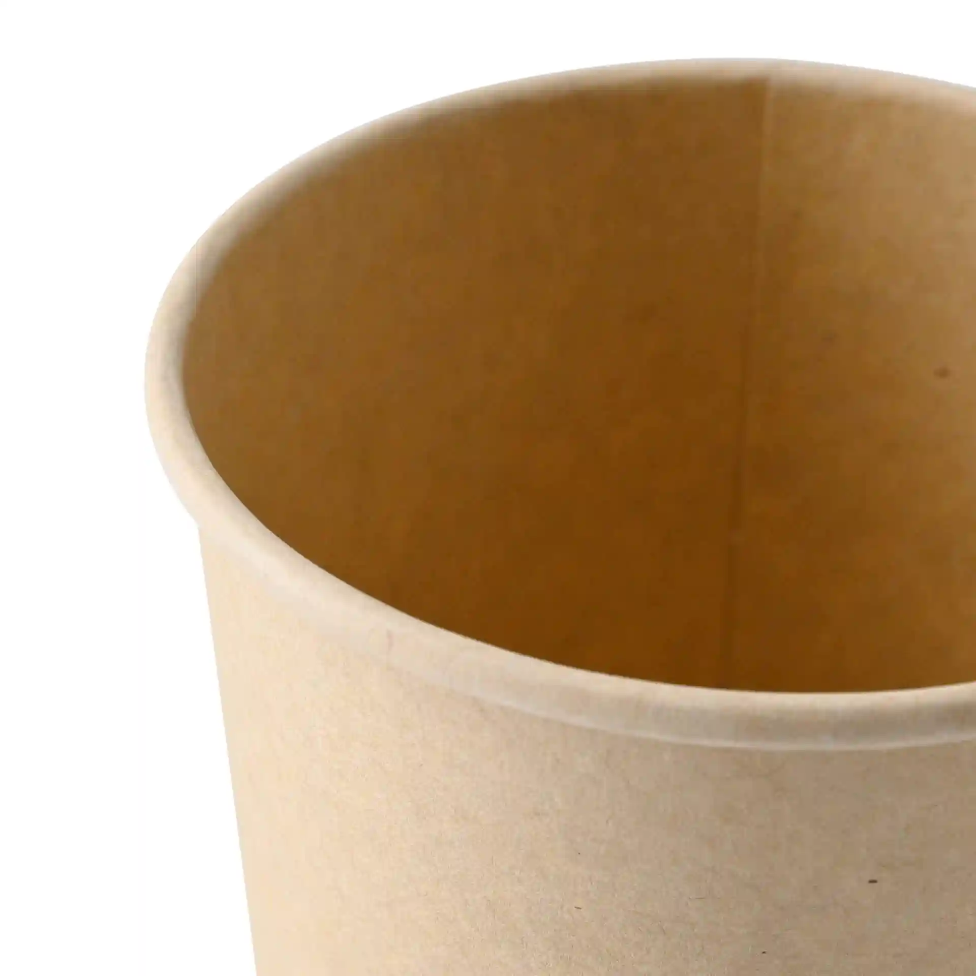 Brown cardboard soup cup with a round shape, showing the interior and top edge.