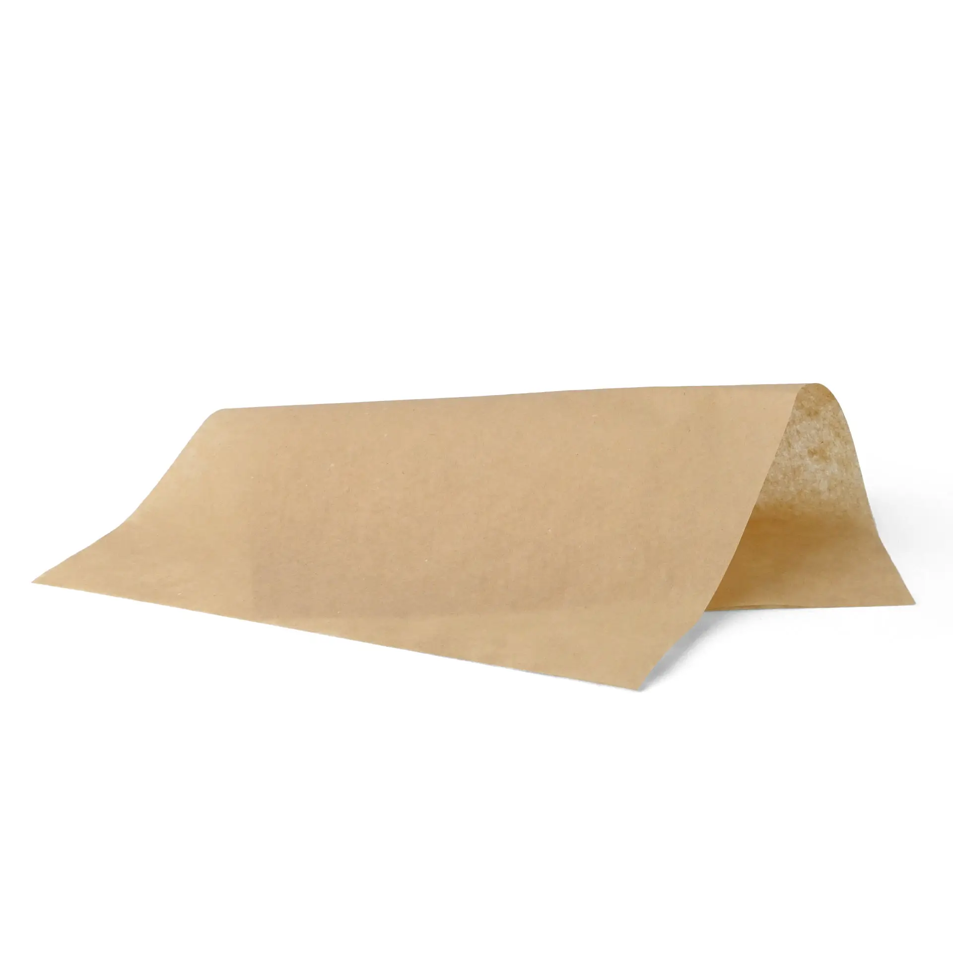 Brown greaseproof wrapping paper, pre-cut, suitable for hot and cold foods, 25 x 37 cm in size.