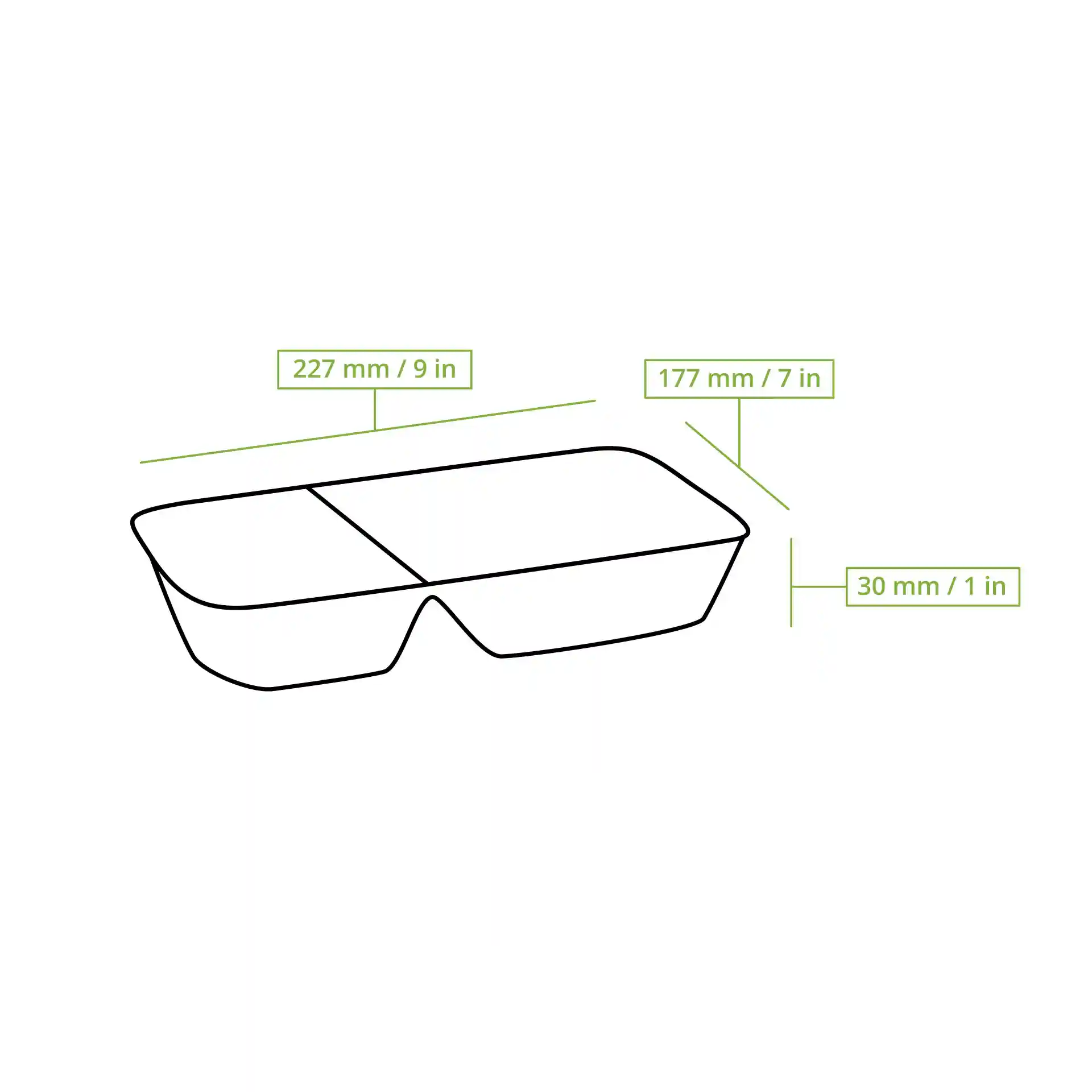 Schematic drawing of a rectangular aluminium meal tray with two compartments, showing dimensions 227 mm by 177 mm by 30 mm.