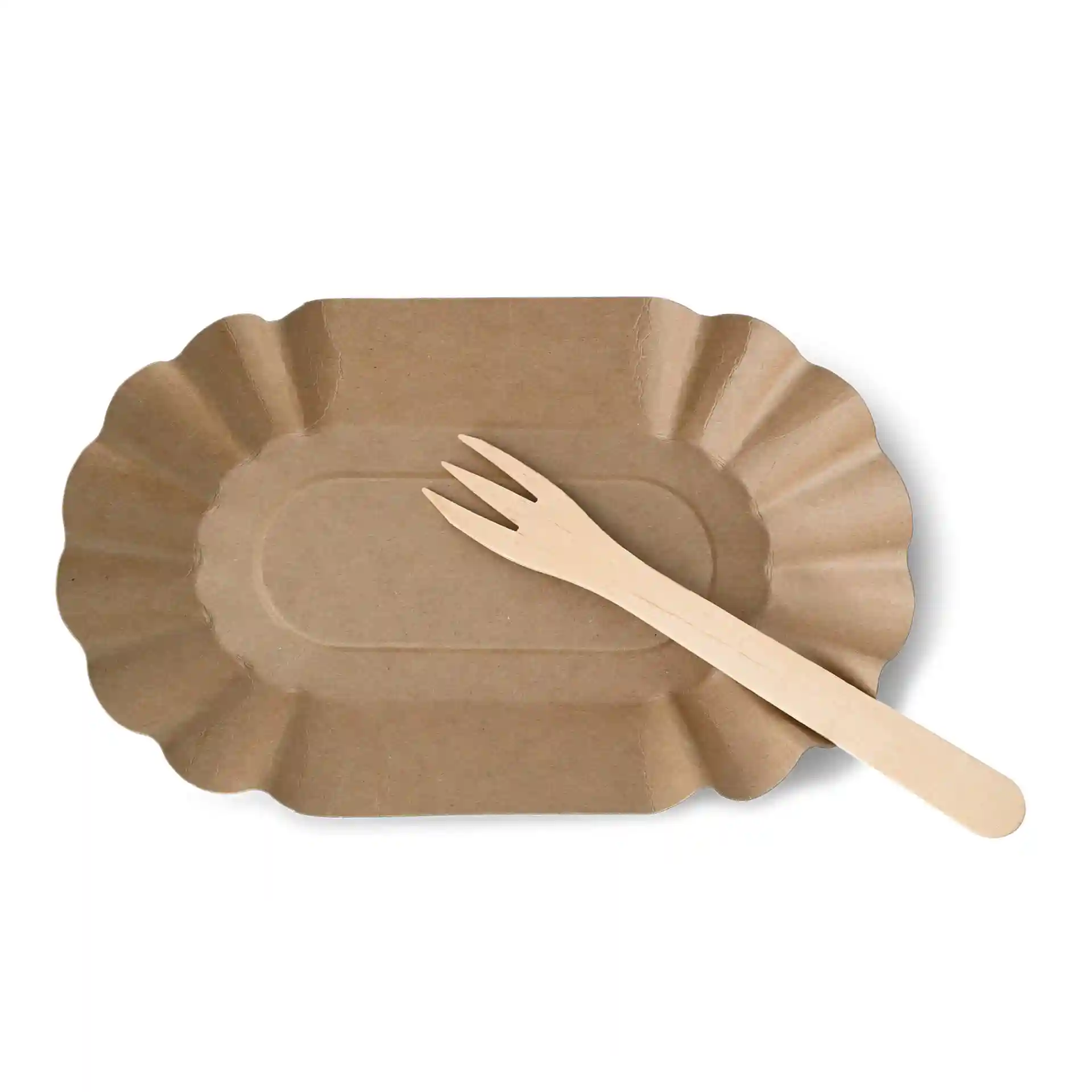 Brown oval cardboard food tray with a depth of 3 cm and a wooden fork placed beside it.