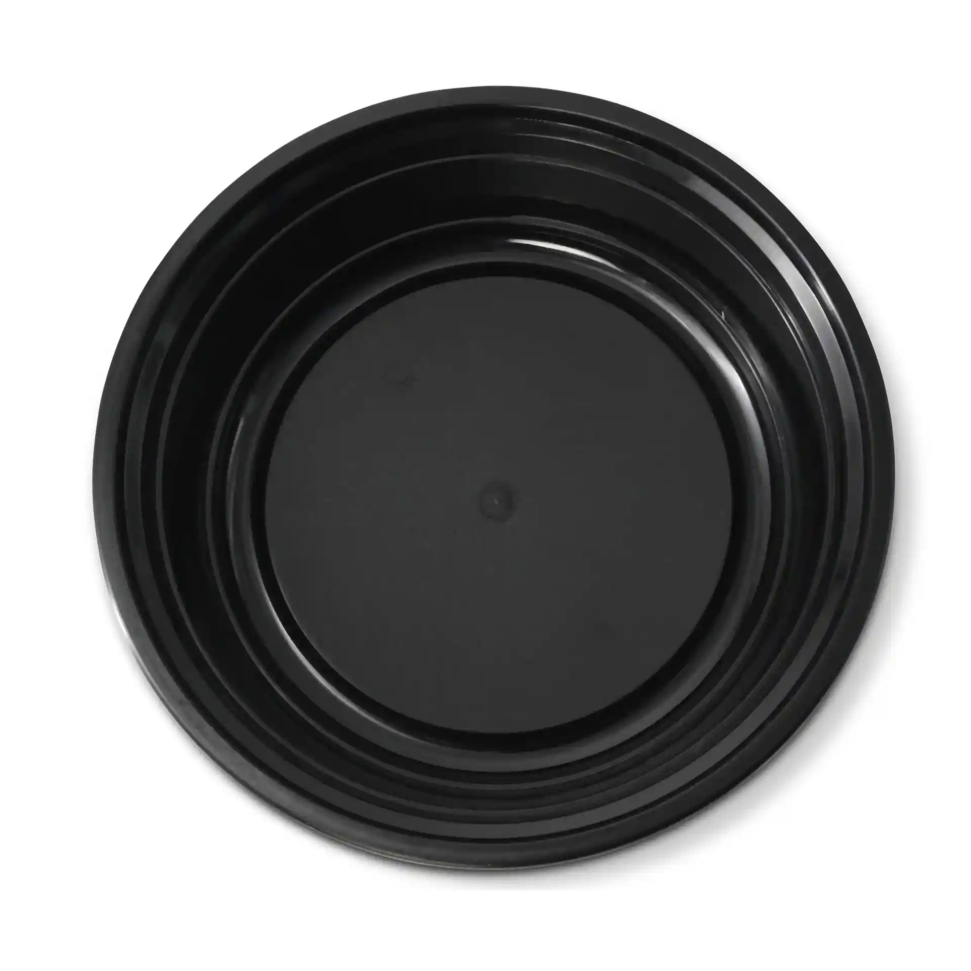 Black round reusable plate with a diameter of 182 mm and a height of 44 mm, made of polypropylene.