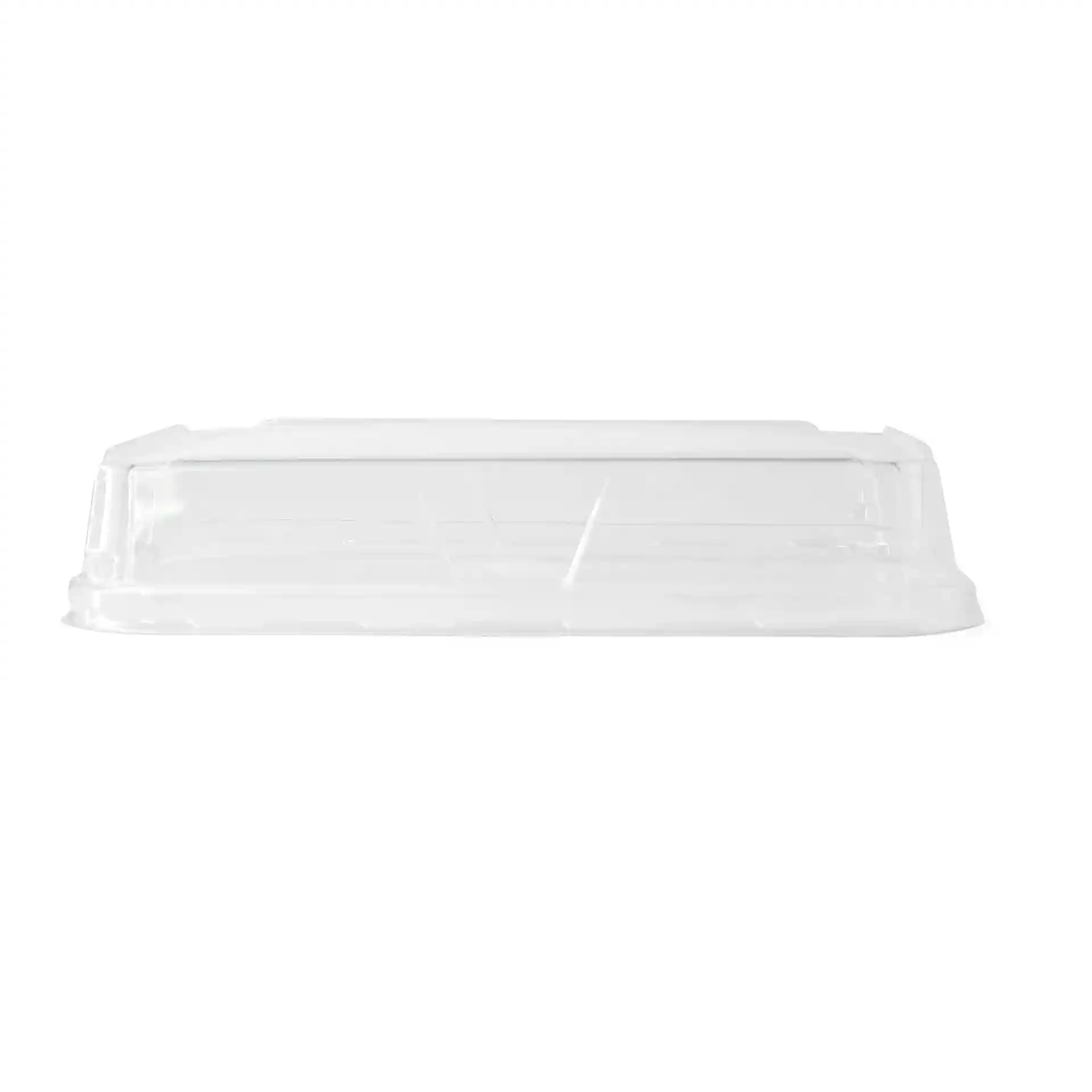 Transparent PET lid for sushi boxes, measuring 18.5 x 13 cm, with a height of 3.5 cm.