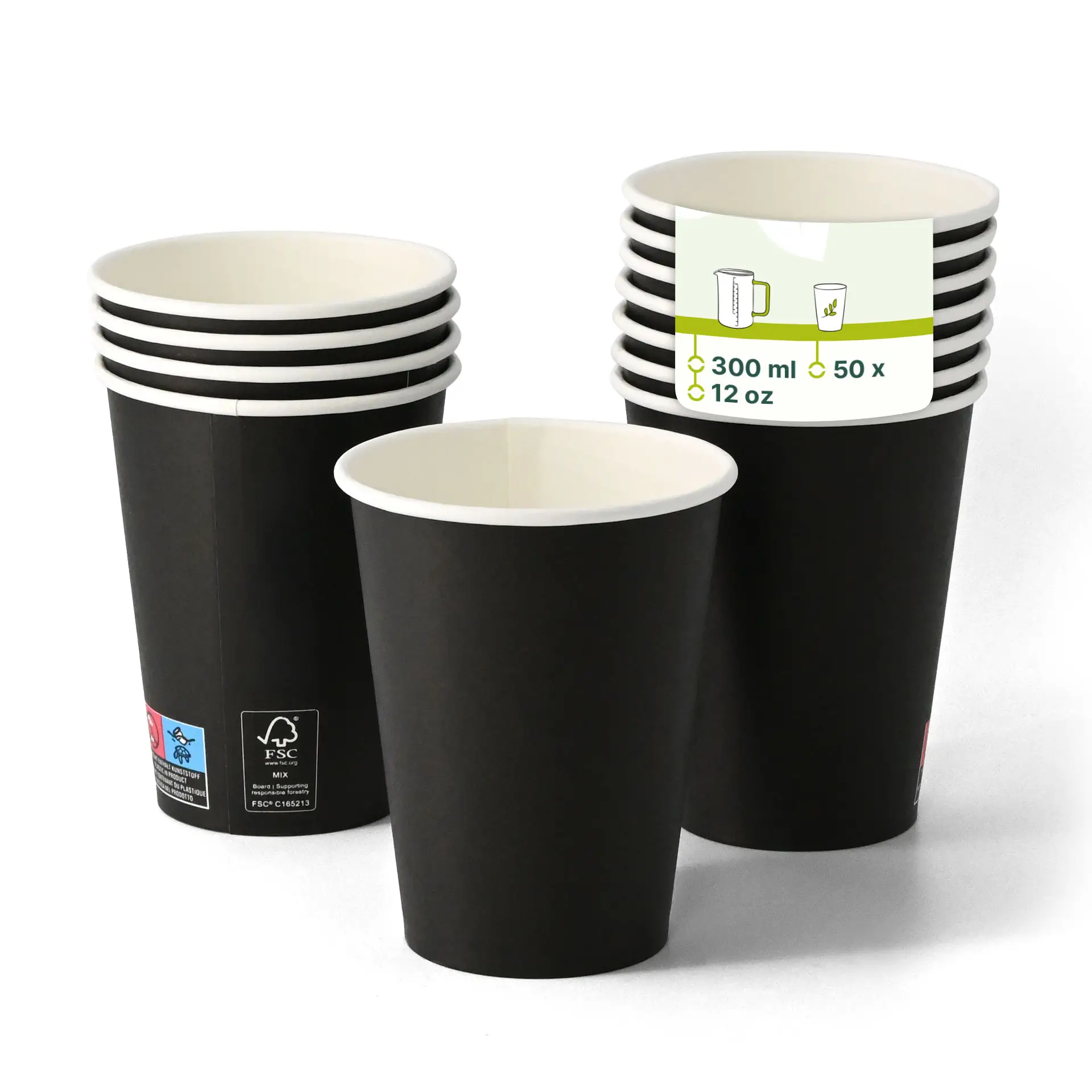Black paper cups with a white interior, stacked with a label showing 12 oz capacity and 300 ml volume.