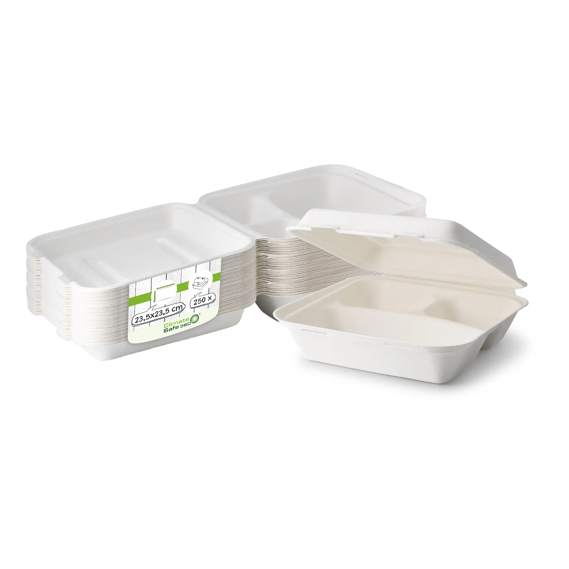 Meal container made from sugarcane, 23.5 x 23.5 x 8 cm, 3 compartments, hinged lid, rectangular Meal container made from sugarcane, 23.5 x 23.5 x 8 cm, 3 compartments, hinged lid, rectangular