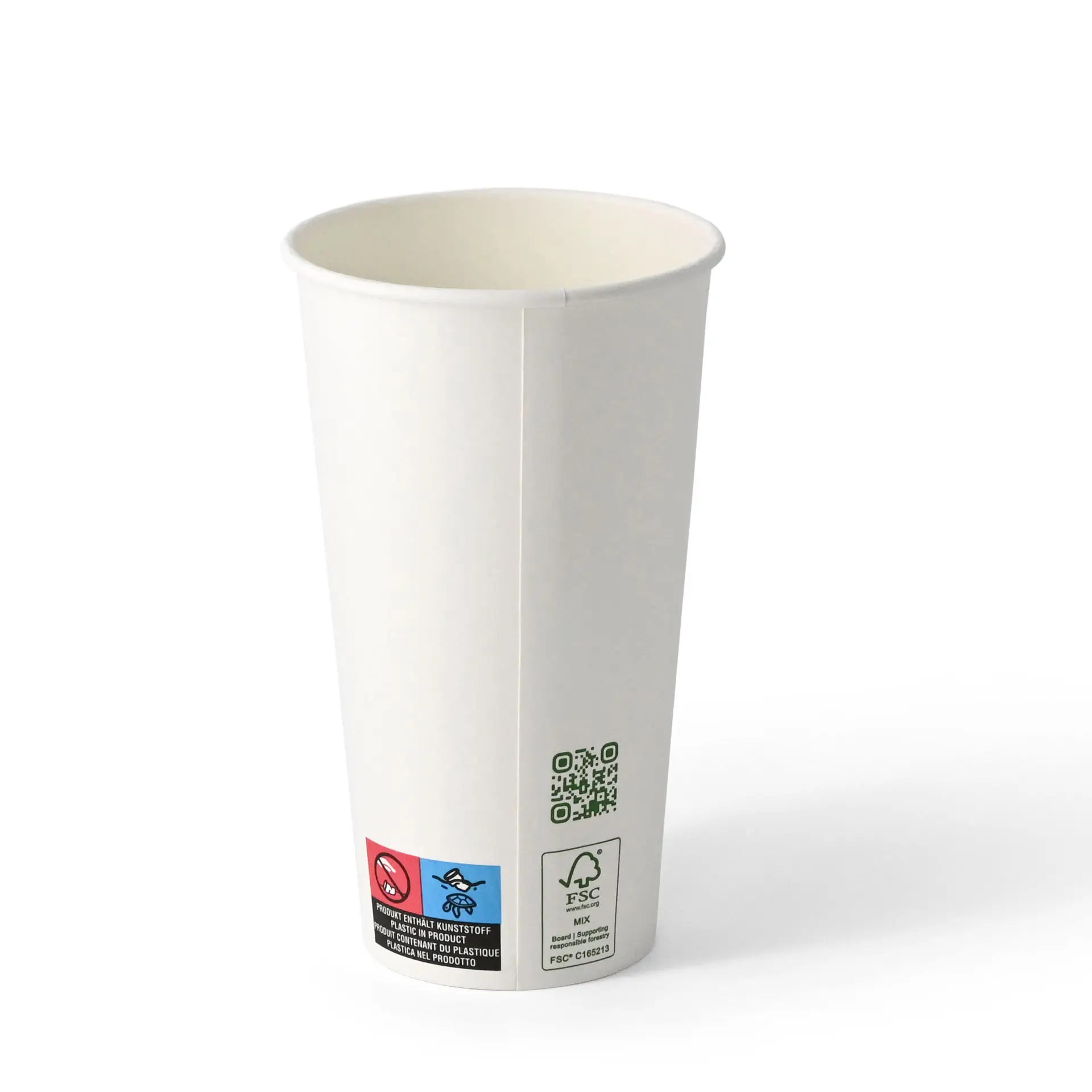 White single-wall paper cup with PLA coating, suitable for hot and cold drinks, featuring a printed QR code on the side.