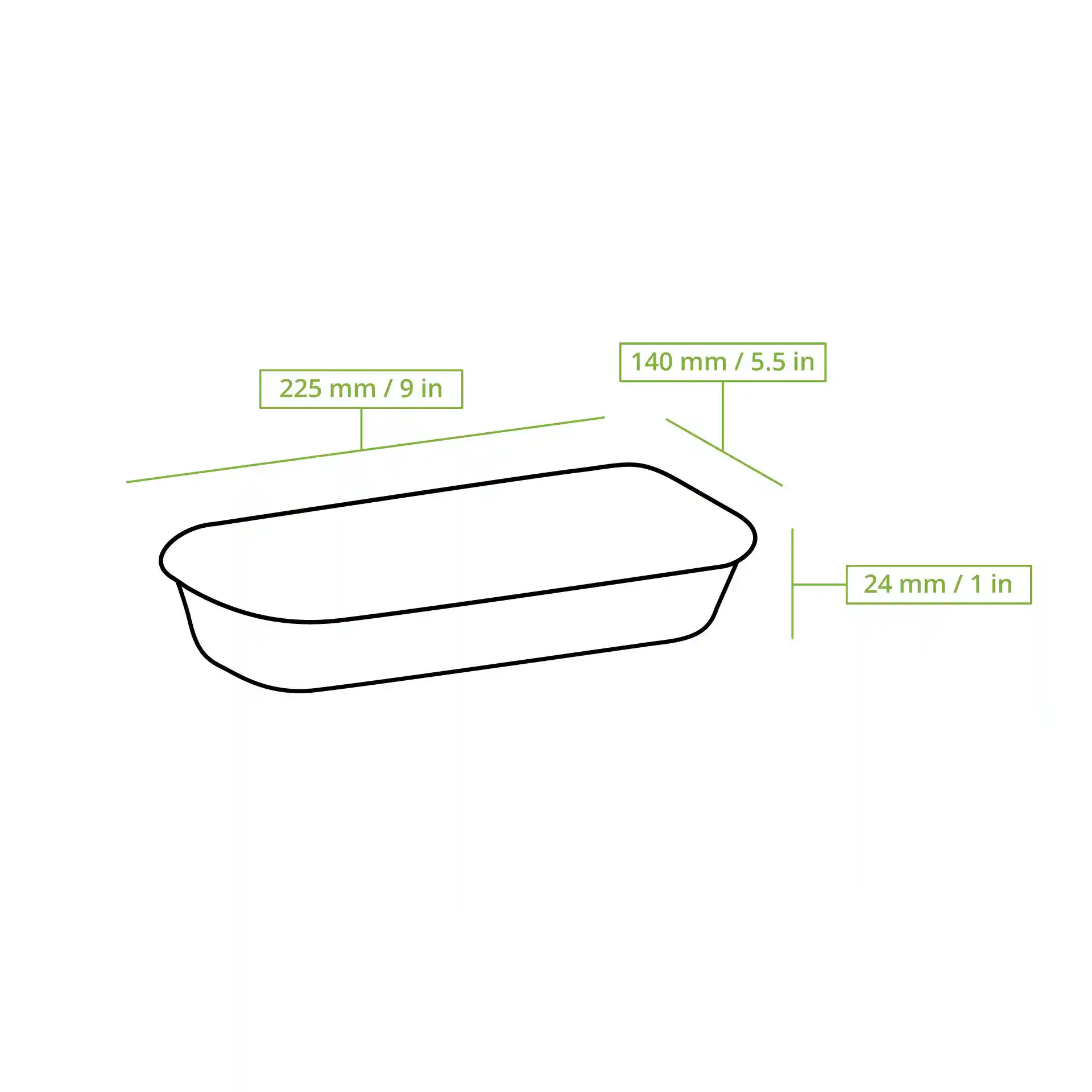 Schematic drawing of a rectangular sushi box with dimensions labeled: 225 mm length, 140 mm width, and 24 mm height.