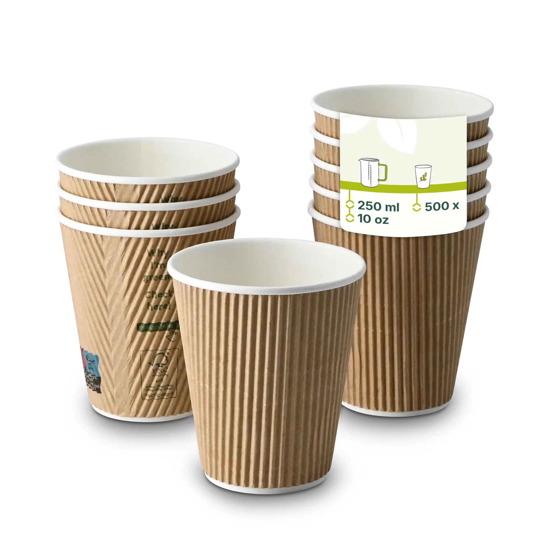 One brown ribbed coffee cup with a white interior; several similar cups stacked behind. Biodegradable, triple-walled design.
