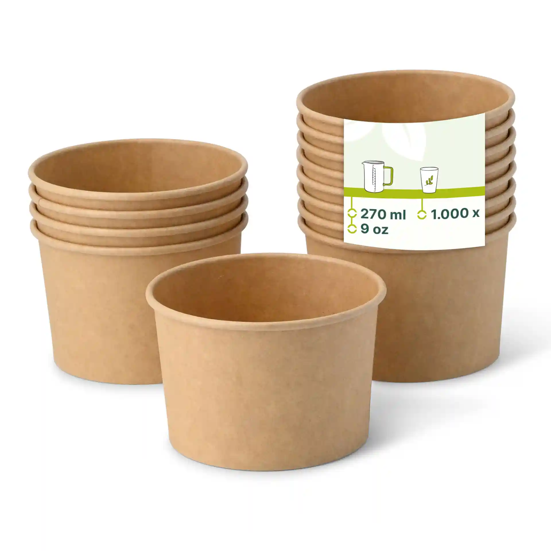 Brown paper cups stacked, with one cup in front; label shows 270 ml capacity and 9 oz size.