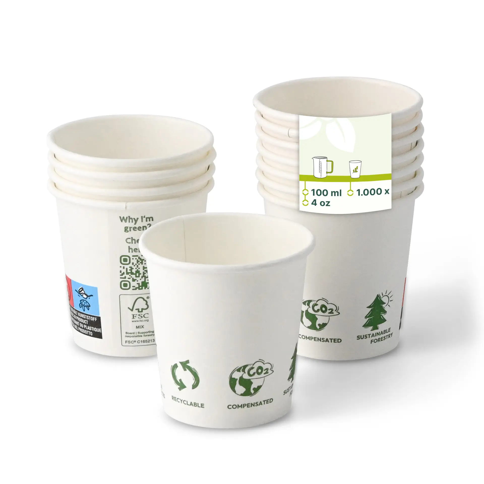 Paper cup 100 ml / 4 oz, Ø 62 mm, “EcoUp©” icons, single wall, white, PLA-coated