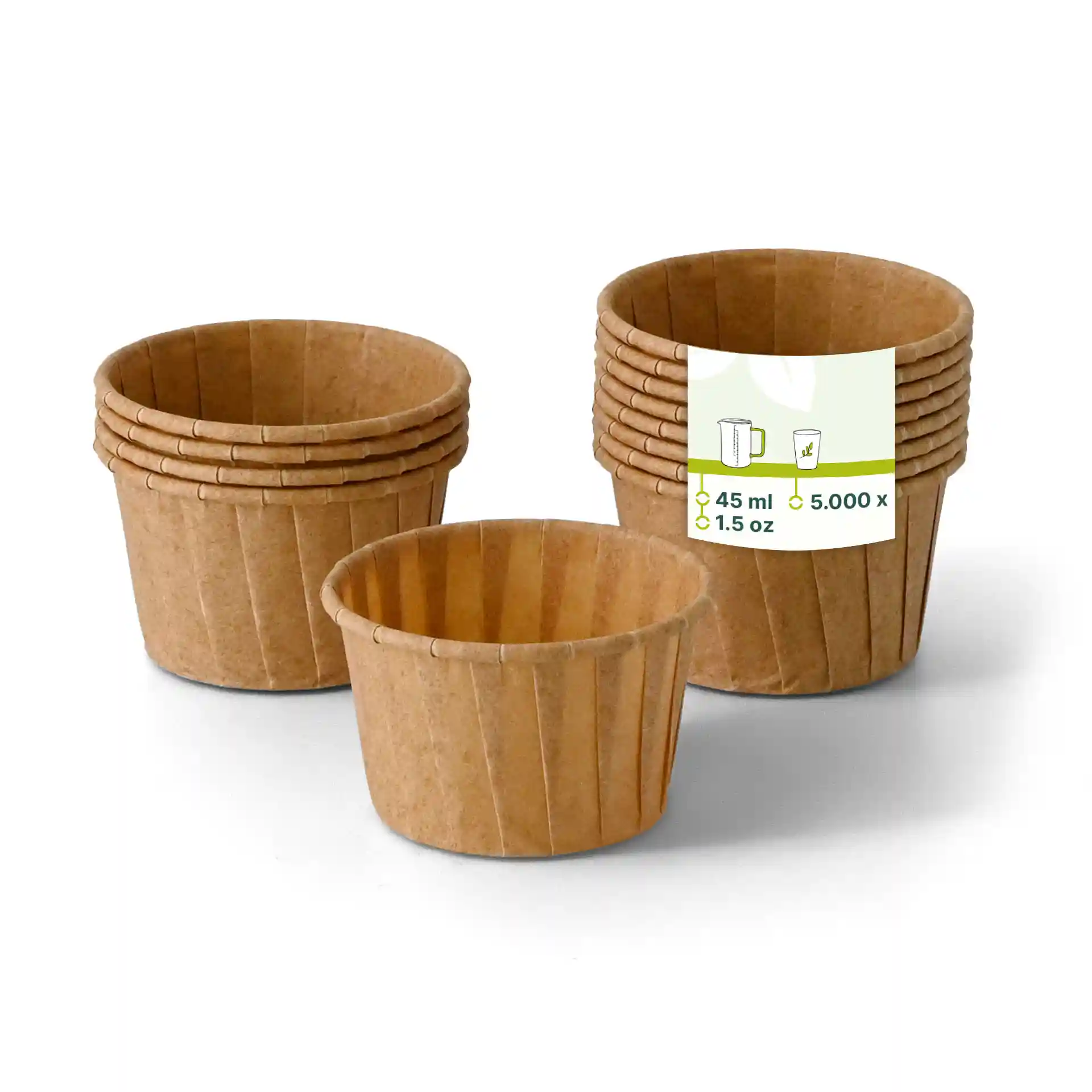 Brown paper cups with a capacity of 45 ml, shown stacked with one cup in front.