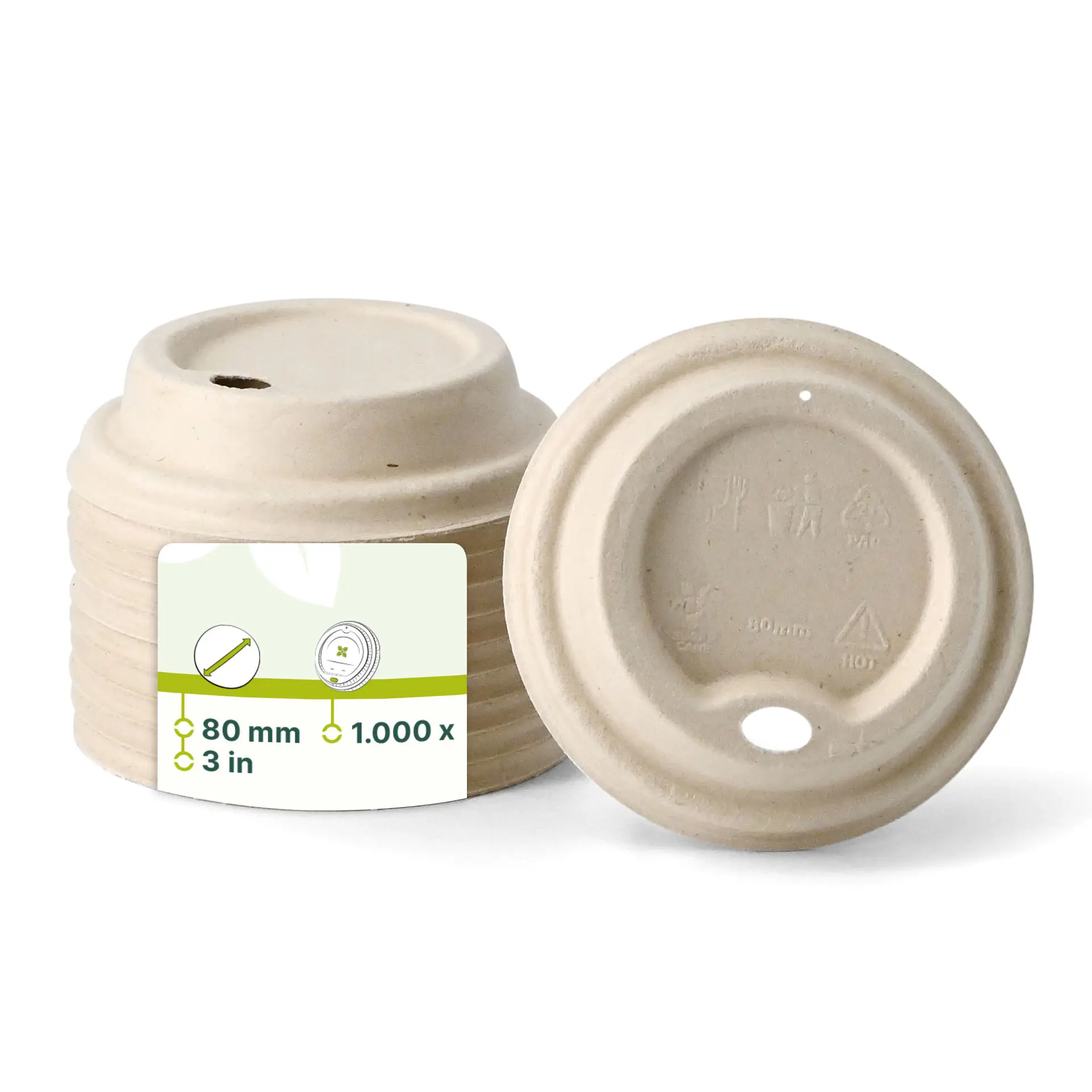 Brown sugarcane lids for paper cups, 80 mm in diameter, with a drinking opening and several stacked items visible.
