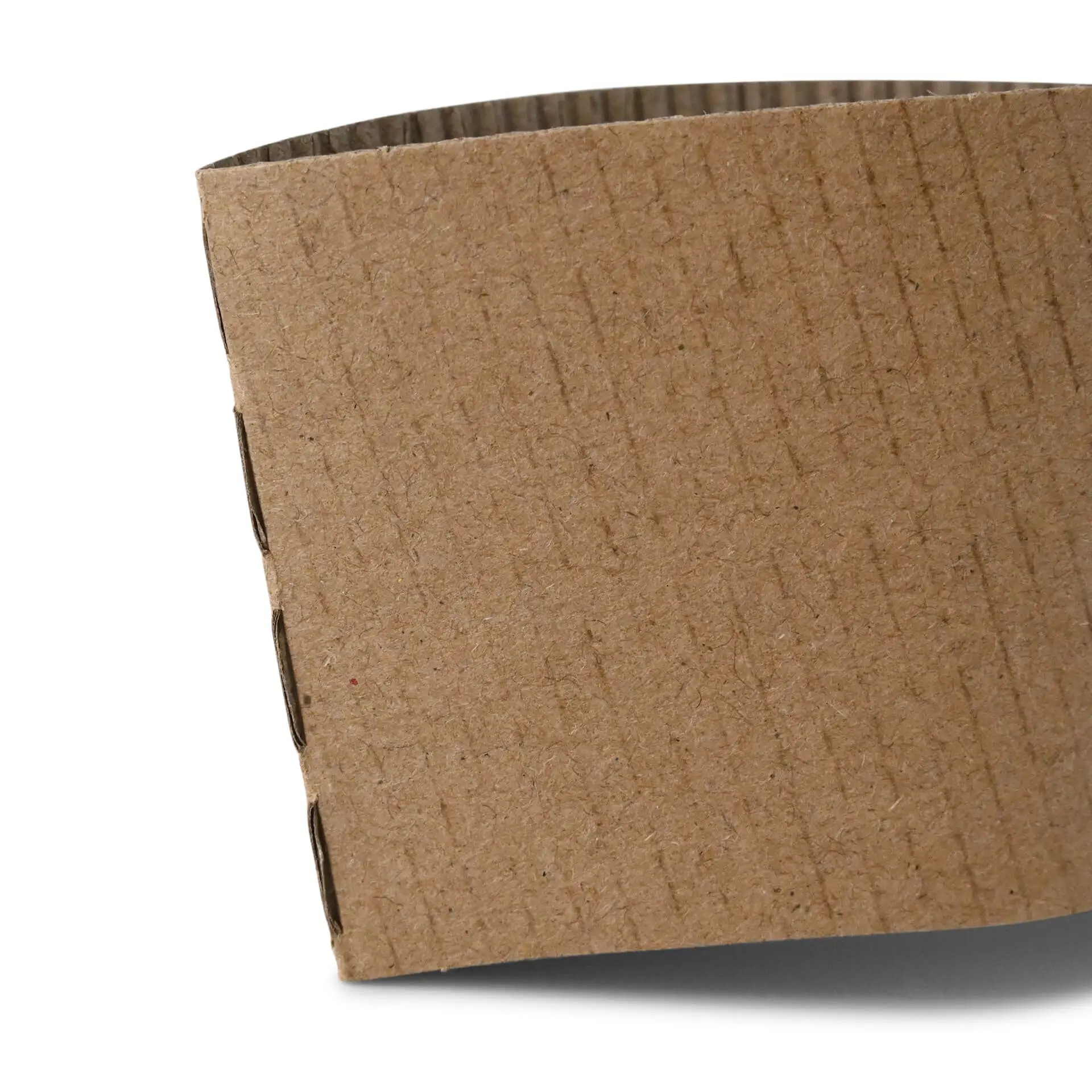 Brown cardboard cup sleeve for 300/400/500 ml paper cups, showing a textured surface and curved edge.