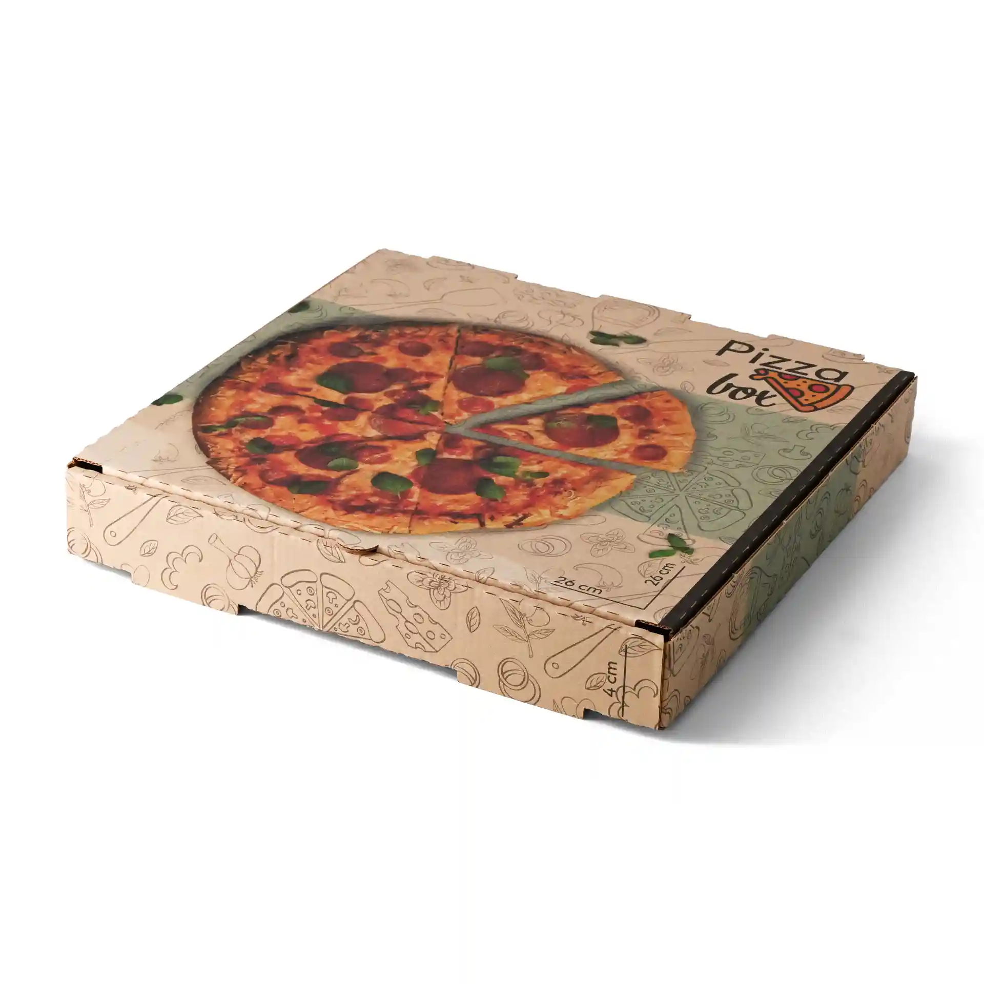 Brown pizza box with a printed pizza design on the top, measuring 26 x 26 x 4 cm.