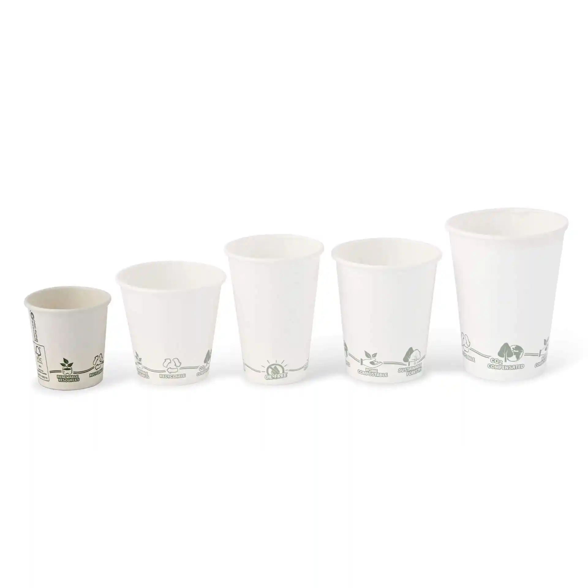Image of five white paper cups with green icons at the base, varying in size from small to large.