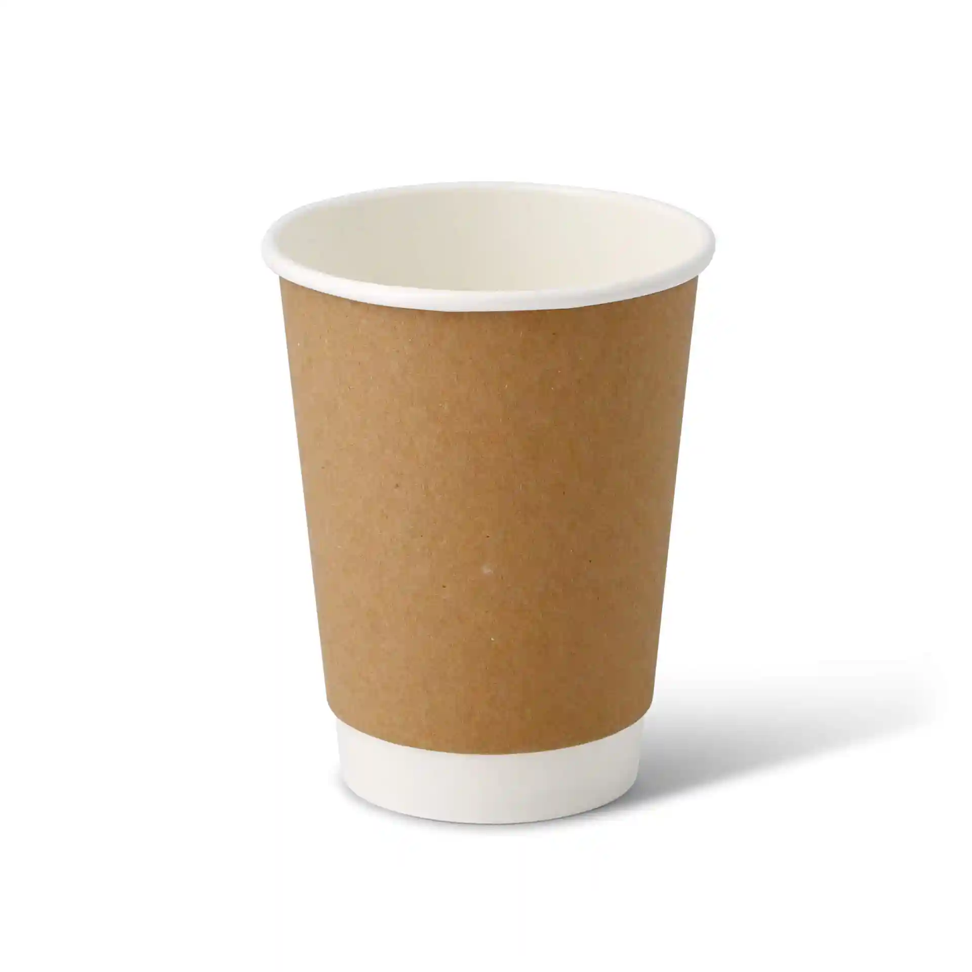 Brown double-walled cardboard coffee cup with a white inner lining, 12 oz capacity, round shape.