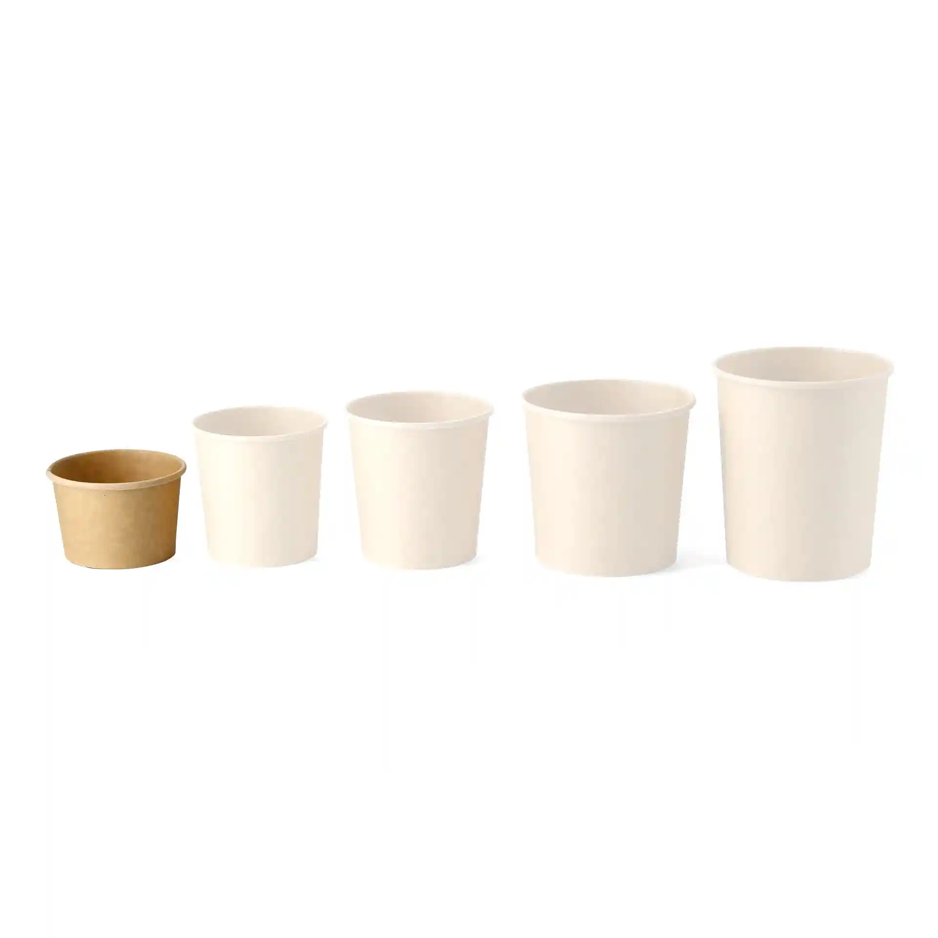 Image showing five round cardboard cups in varying sizes, with one brown cup and four white cups.