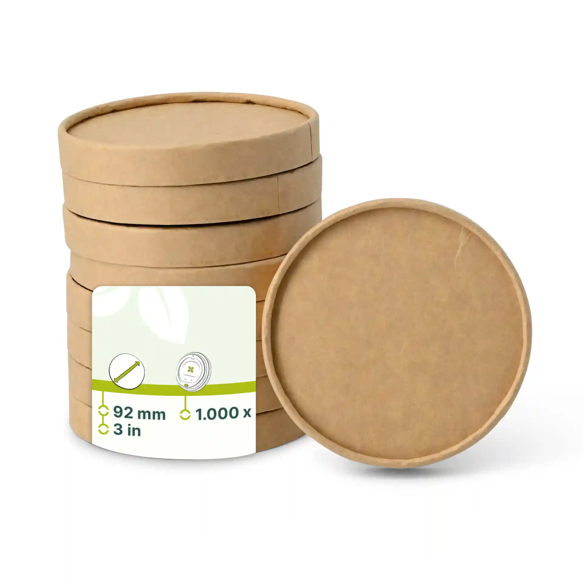 Round brown cardboard lids for ice cream tubs, with a diameter of 93 mm and a height of 14 mm, stacked with a label.