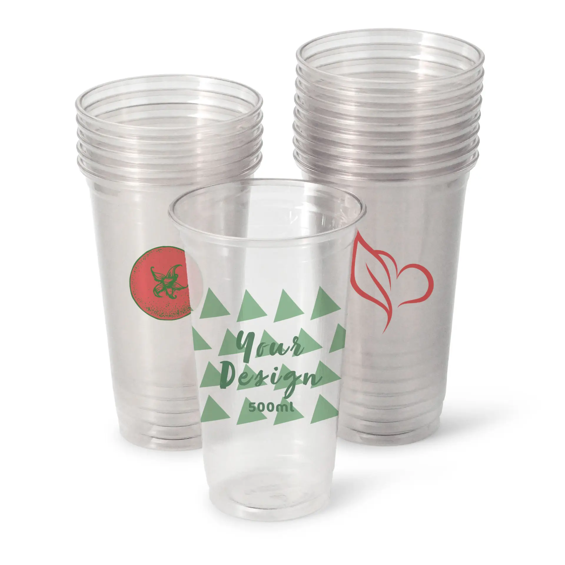 Clear rPET cups in various designs, suitable for cold drinks, featuring a customizable printed cup.