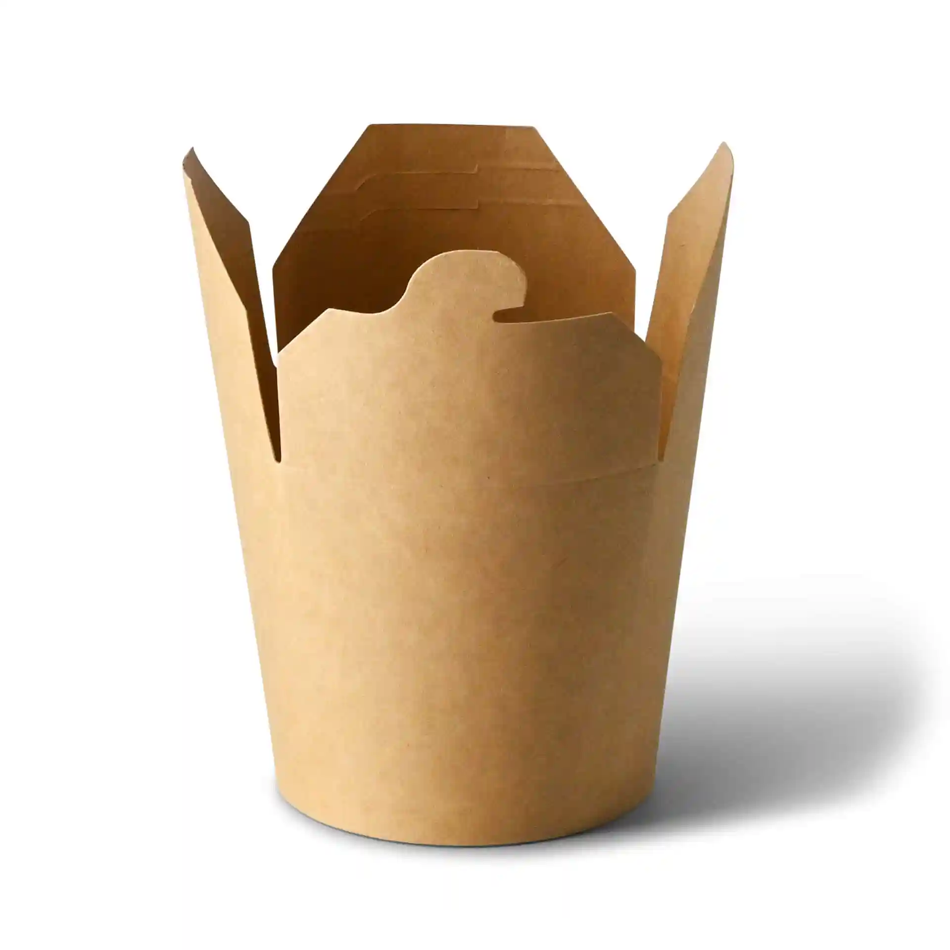 Brown noodle box made of coated cardboard, 650 ml capacity, with a rectangular shape and open top.