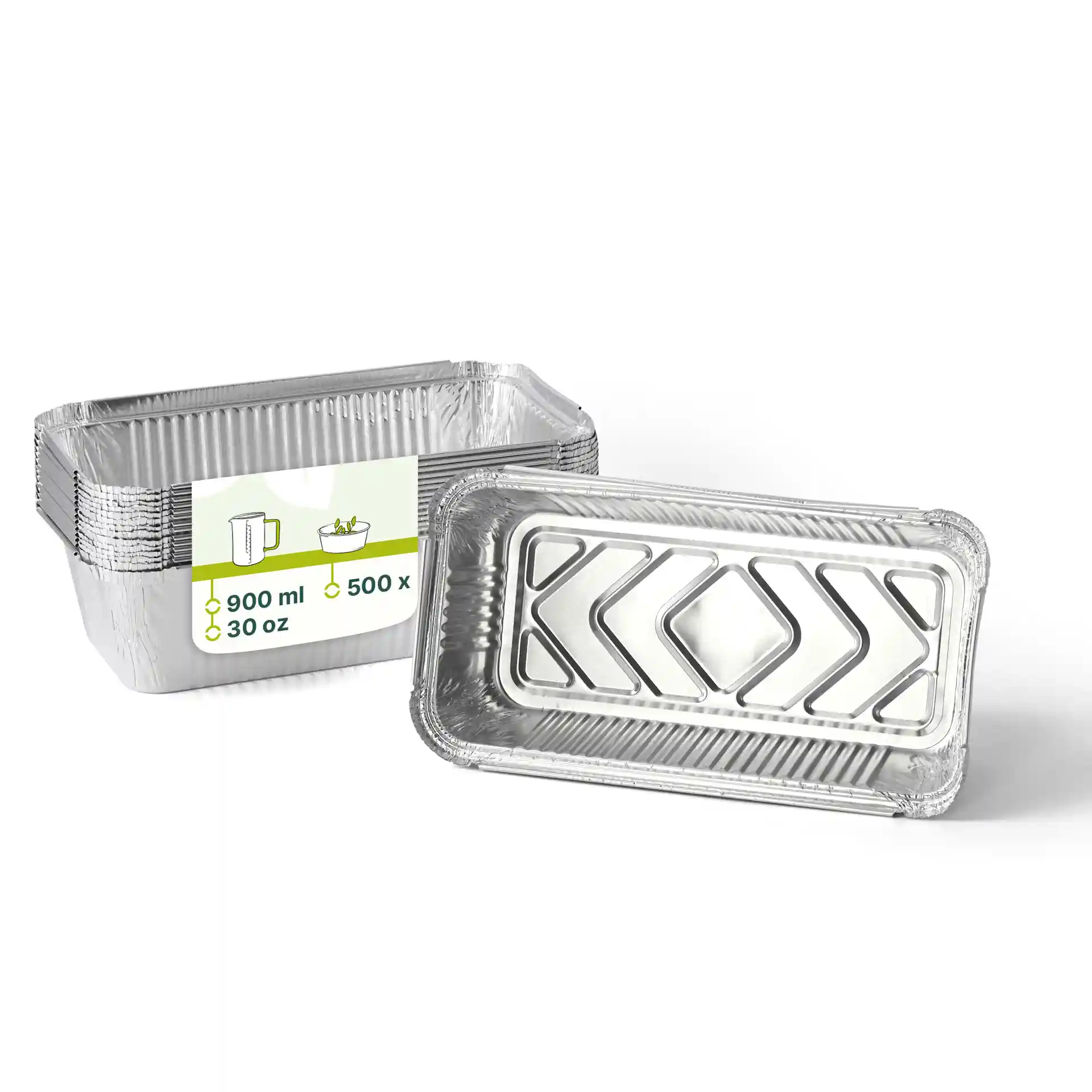 Rectangular aluminum containers with a capacity of 900 ml, measuring 21.8 x 11.3 x 5.4 cm, stacked with one displayed.