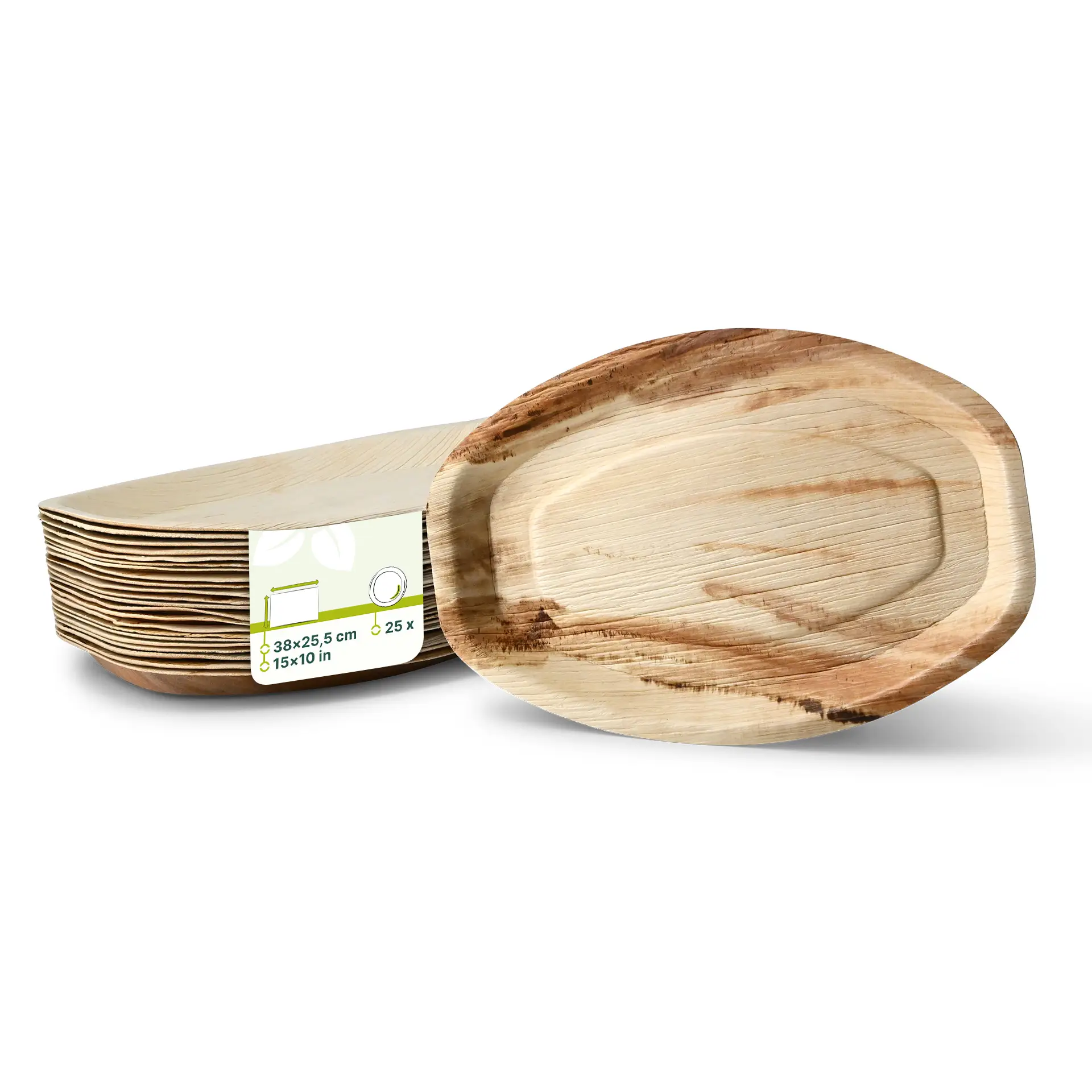 One palm leaf tray, rectangular shape, 38 x 25.5 cm; multiple trays stacked with a label visible.