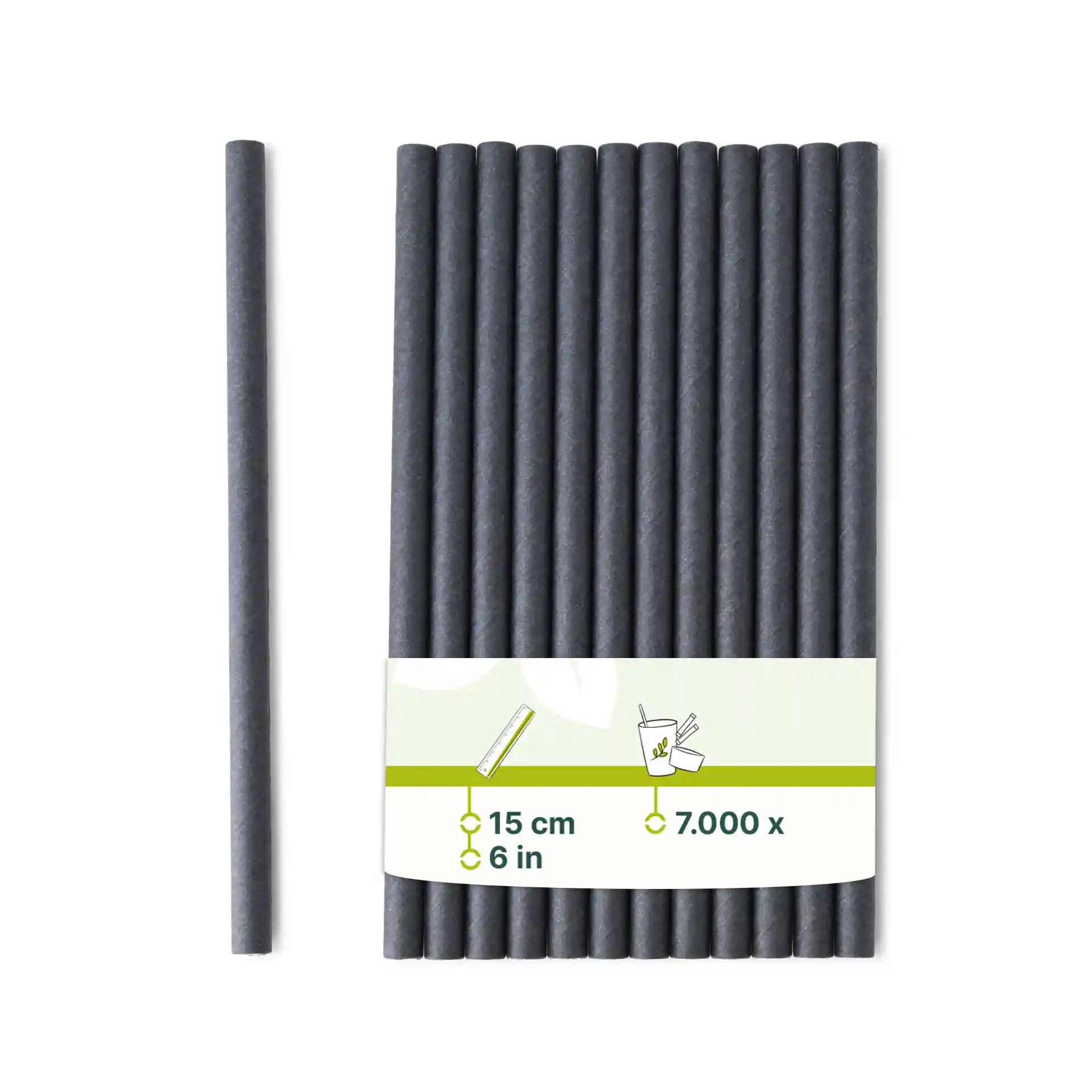 Black paper cocktail straws, 15 cm long and 0.7 cm in diameter, arranged with a label showing product details.