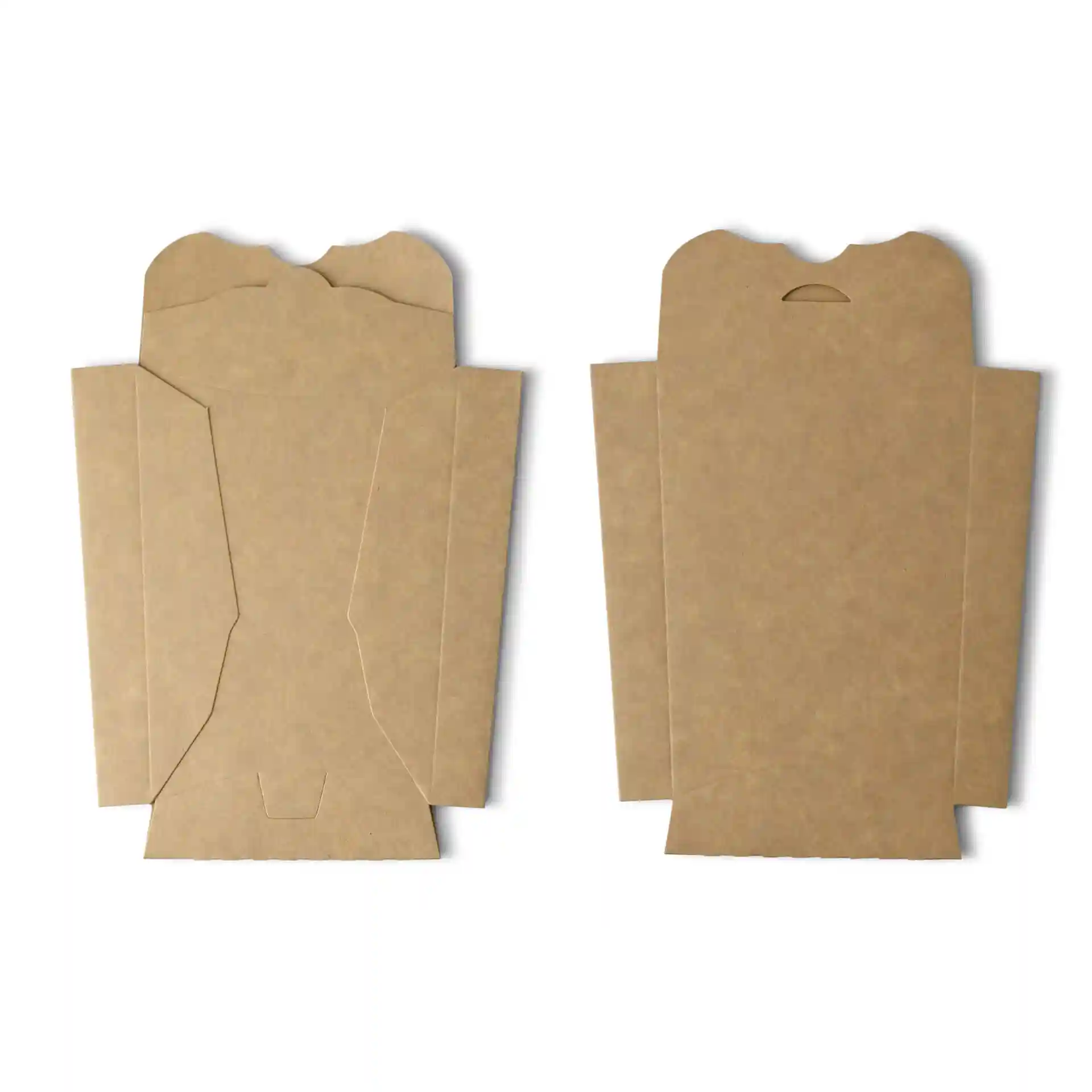 Brown cardboard chip scoop with a height of 87 mm, length of 130 mm, and width of 176 mm, shown flat.