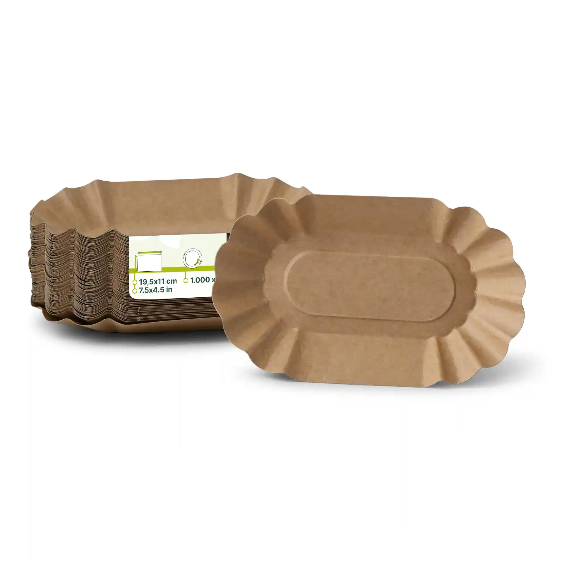 Stack of brown oval paper food trays made of cardboard, with one tray positioned in front.