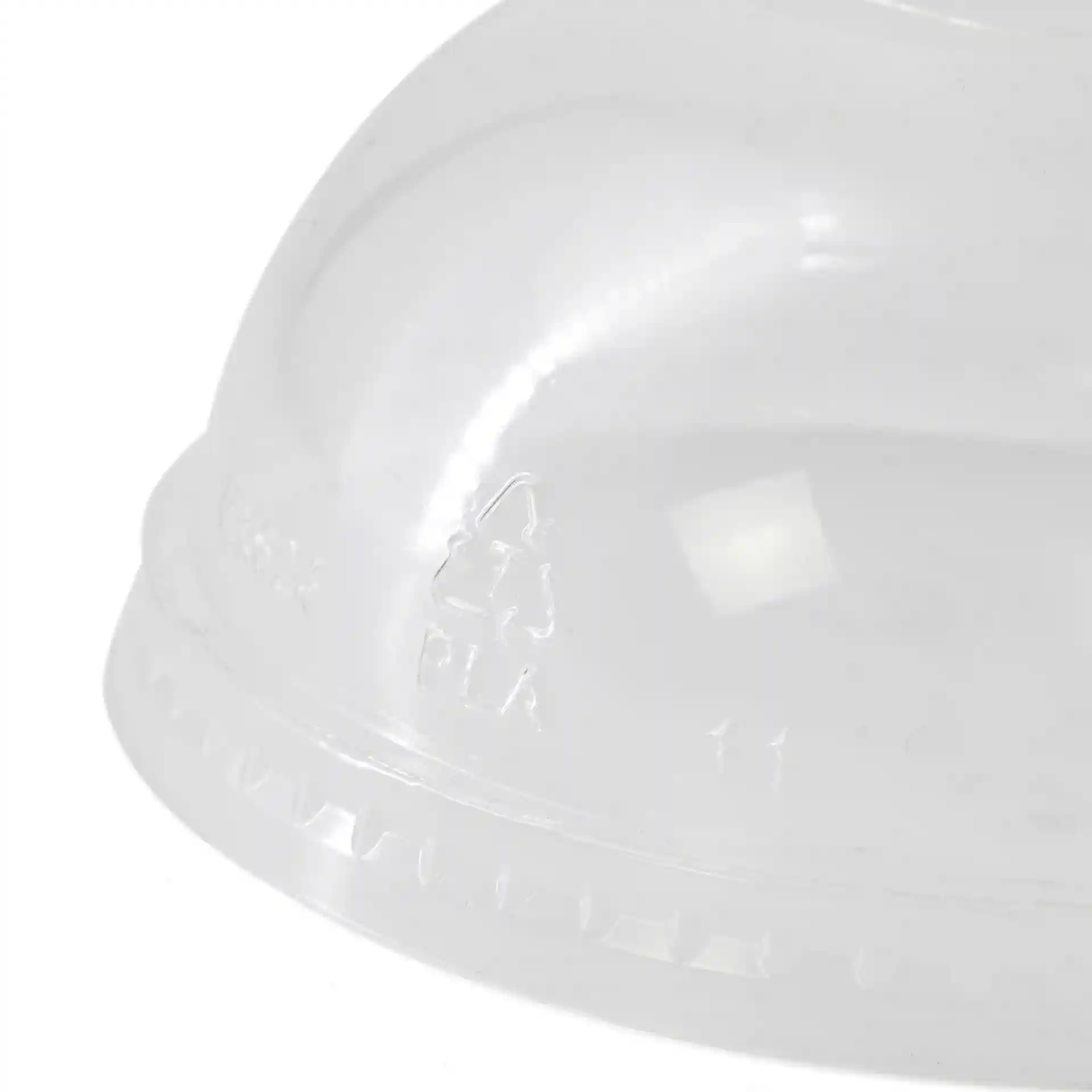 Clear PLA dome lid with a diameter of 95 mm and a straw hole, showing recycling symbol and markings on the surface.