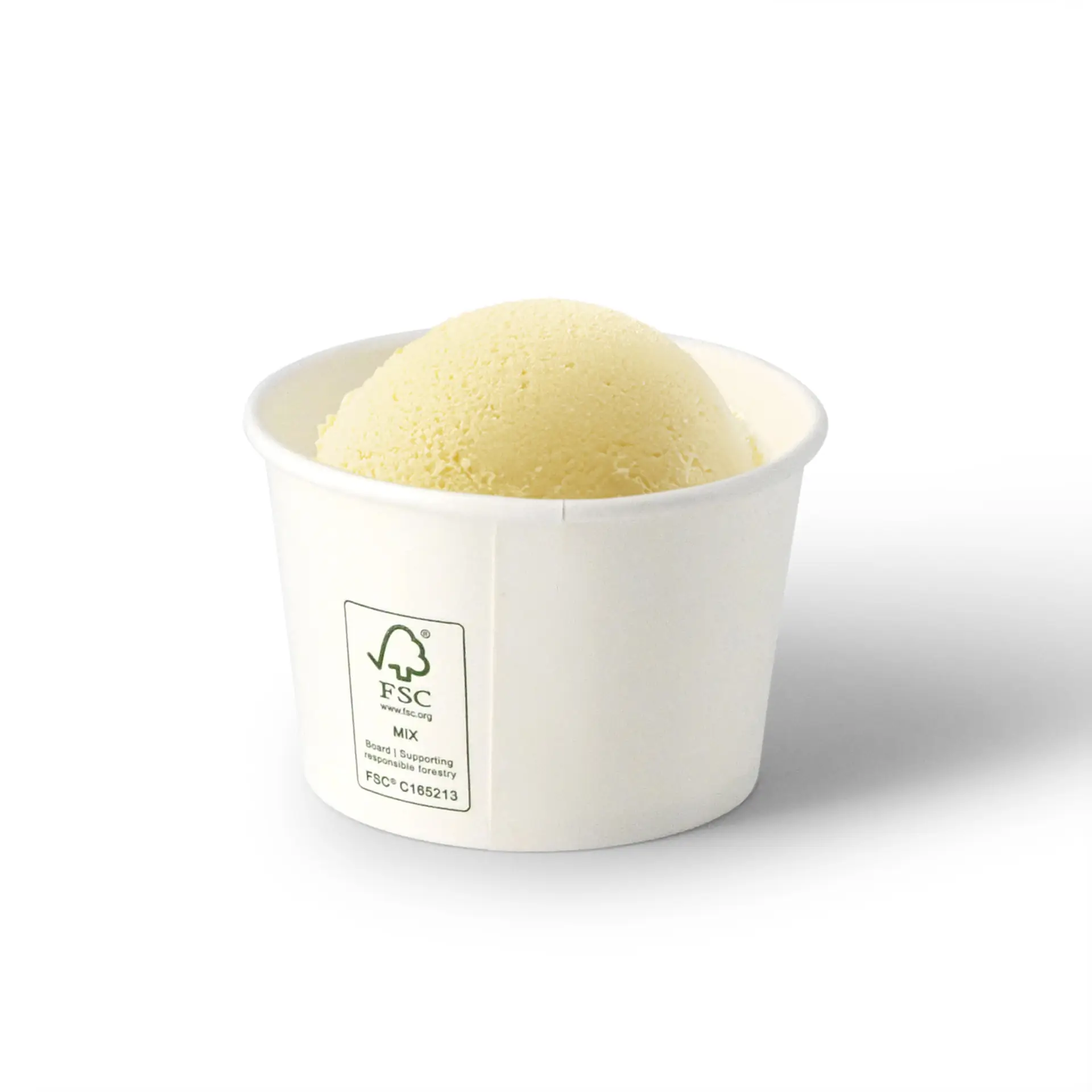 White cardboard ice cream cup with a scoop of light yellow ice cream, 75 ml capacity, diameter 76 mm.
