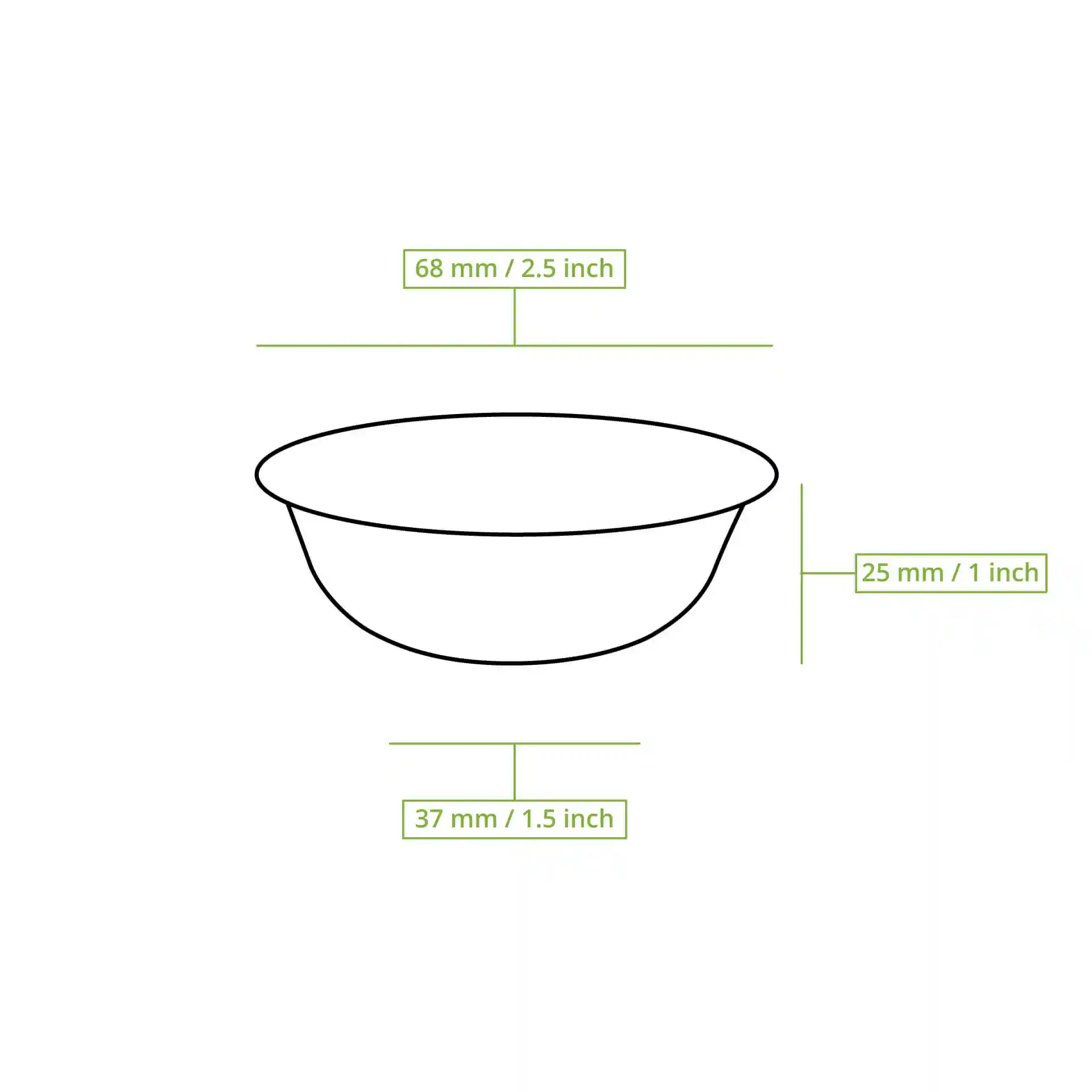 Schematic drawing of a round palm leaf bowl with dimension lines indicating height and diameters.