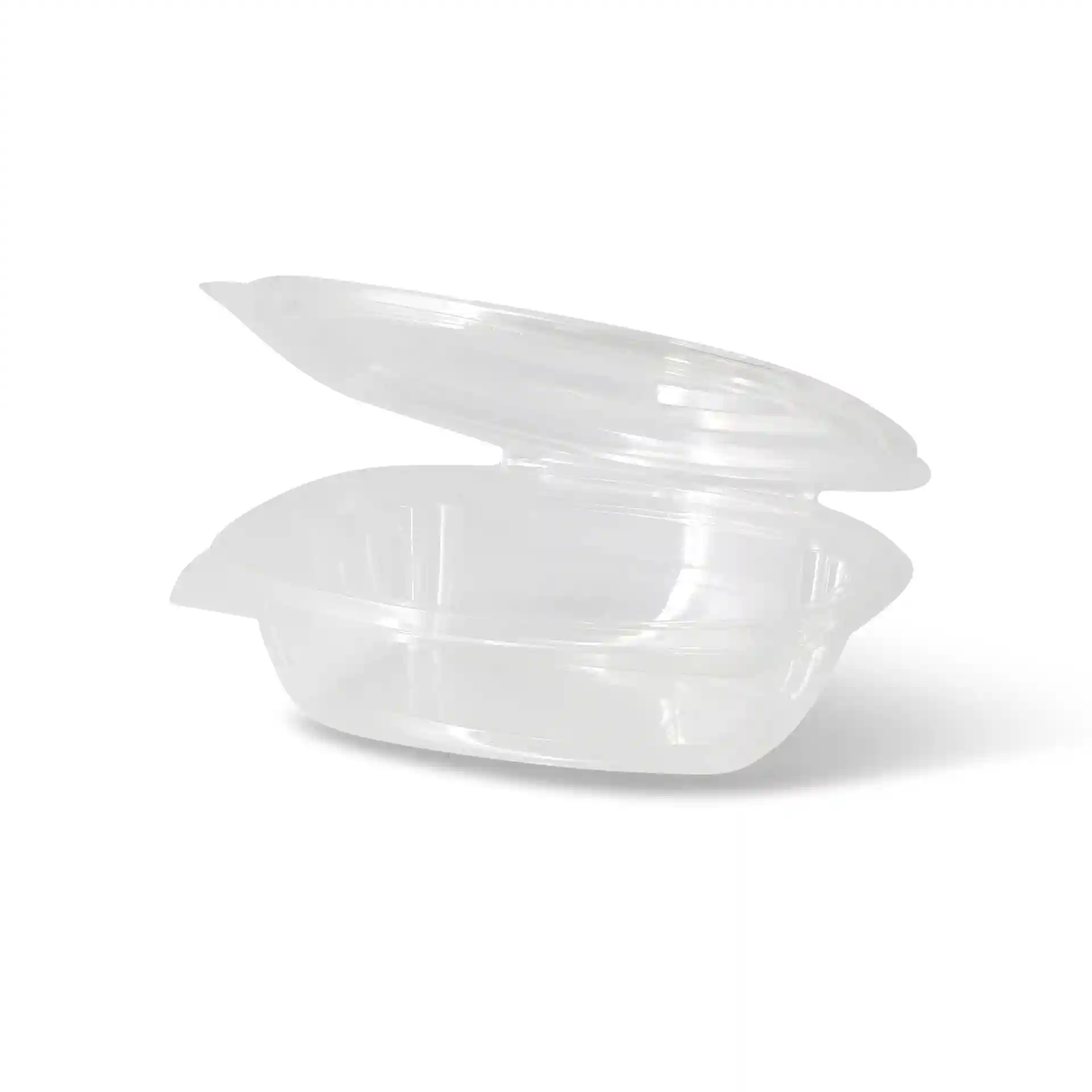 Transparent rectangular PLA deli bowl with a folding lid, shown open at an angle.