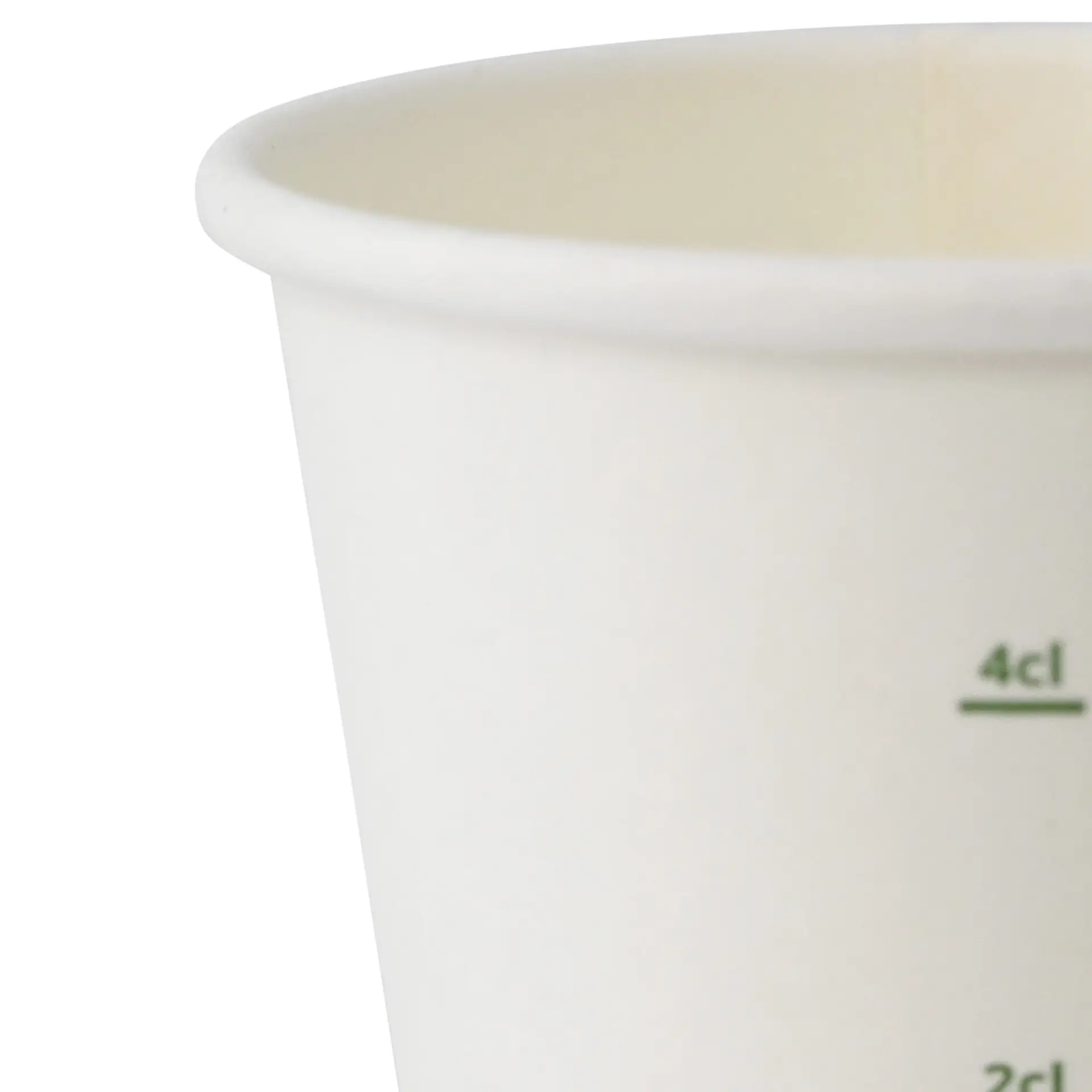 One white single-wall paper cup with a PLA coating; features measurement markings for liquid volume.