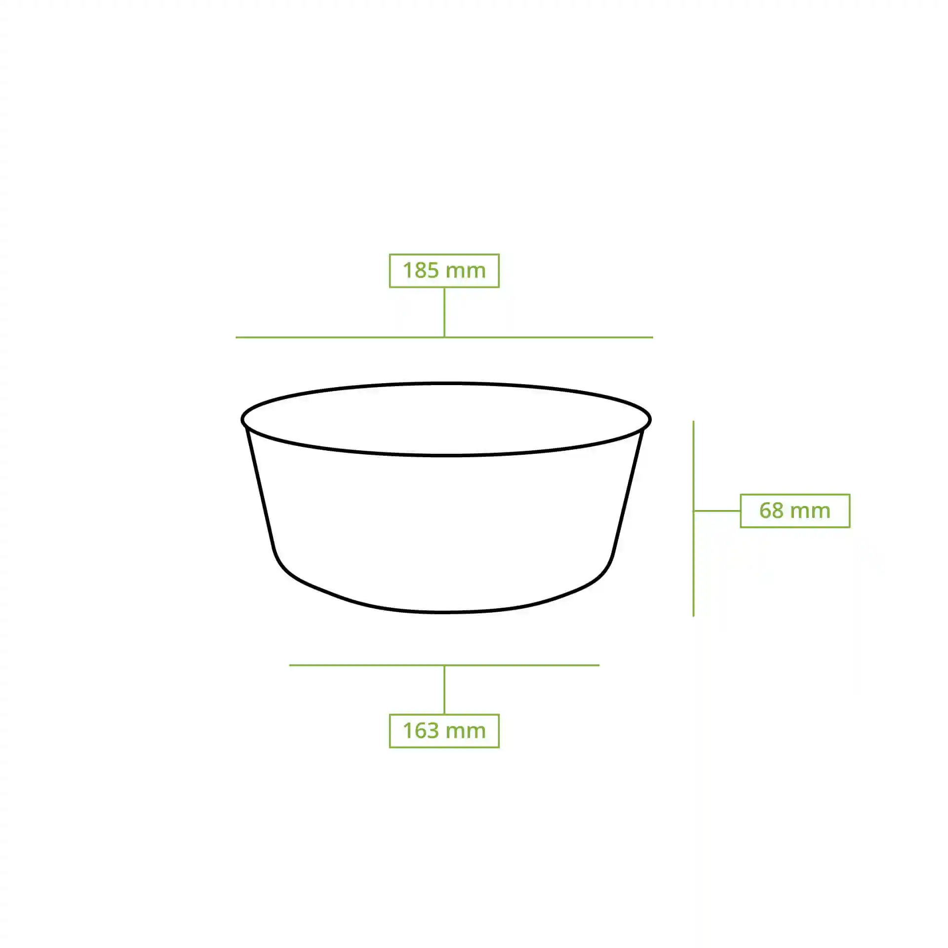 Schematic drawing of a round paper bowl with dimensions: diameter 185 mm, height 68 mm, and bottom diameter 163 mm.