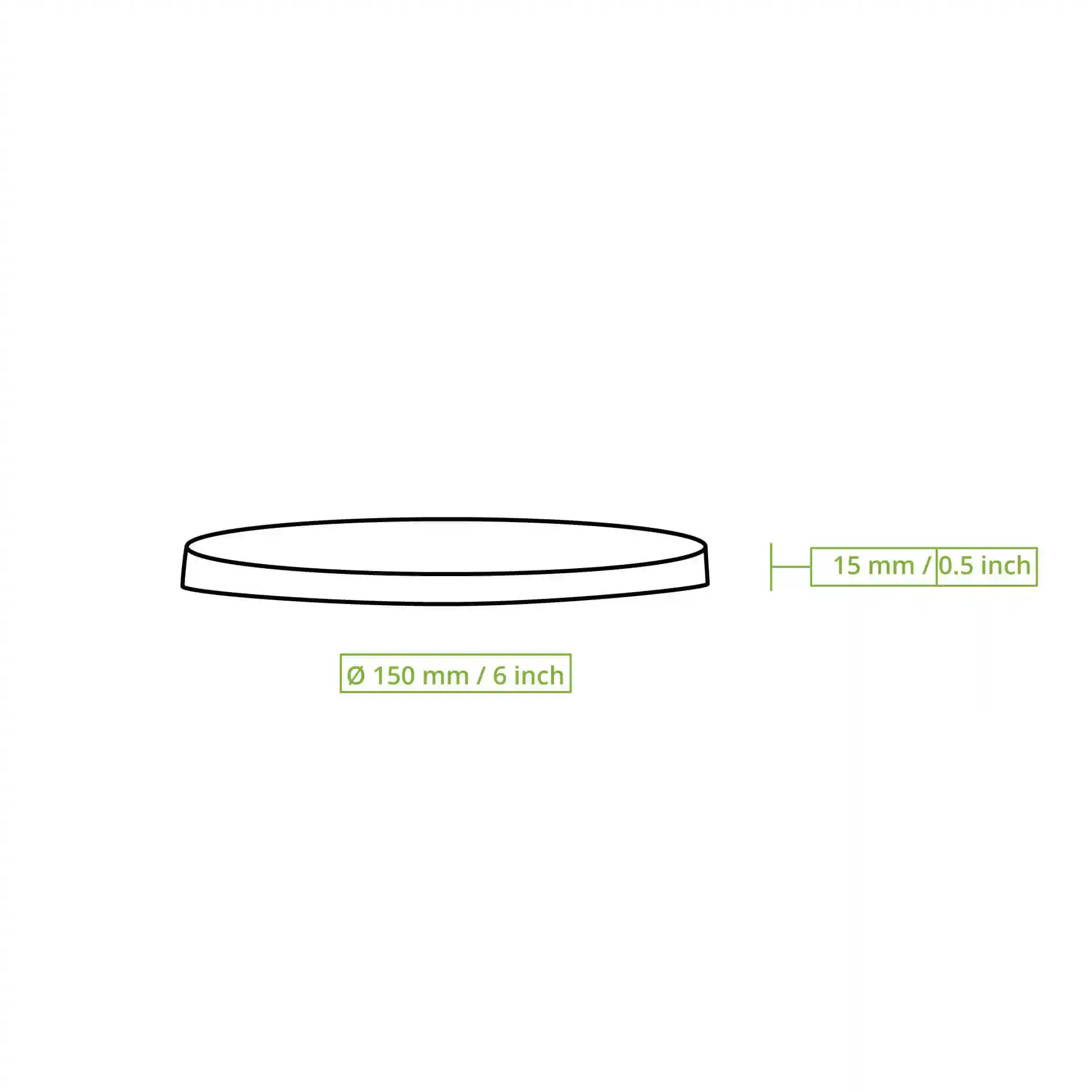 Schematic drawing of a round lid with a diameter of 150 mm and a height of 15 mm.