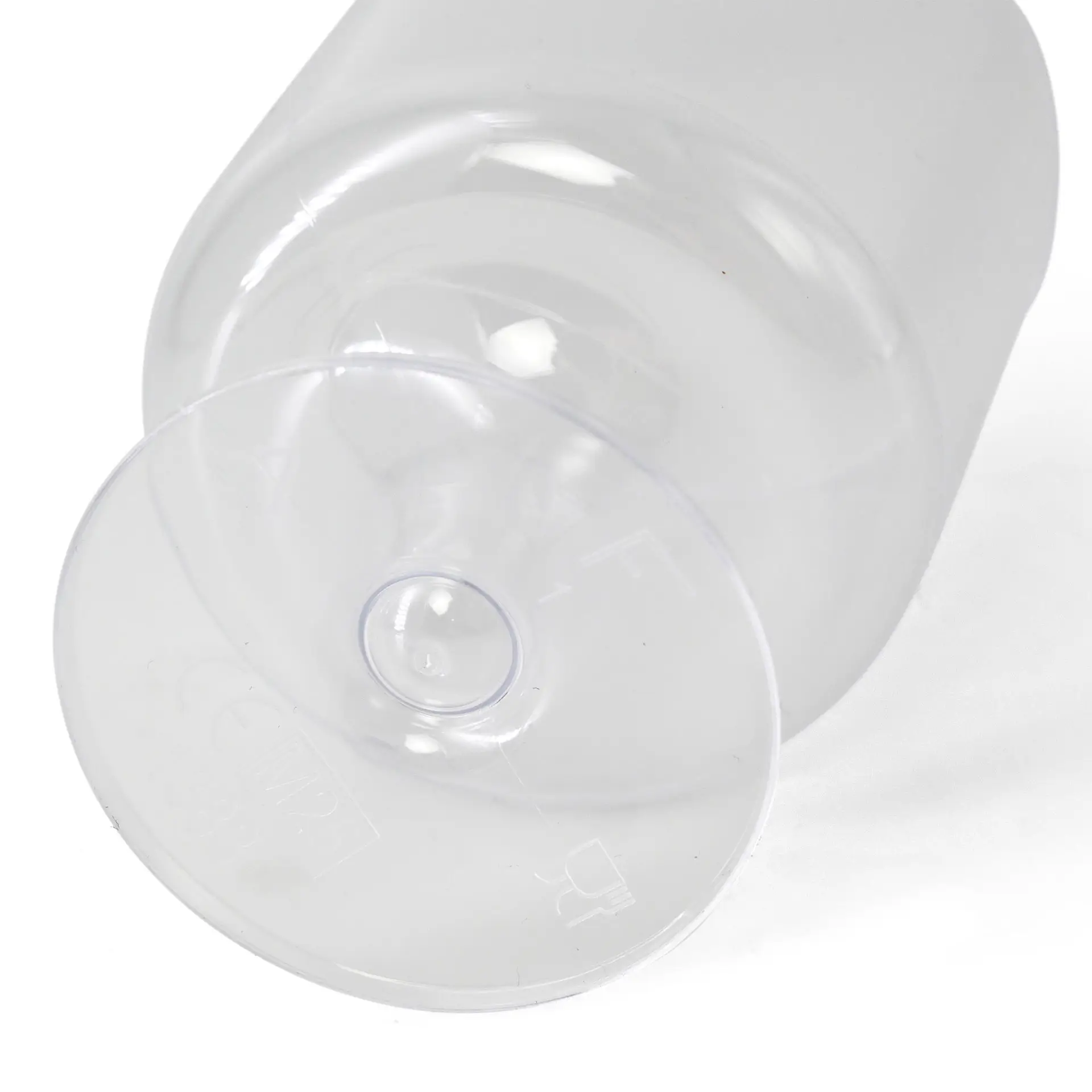 Transparent reusable wine glass with a 200 ml capacity, showing the base and rim, suitable for various occasions.