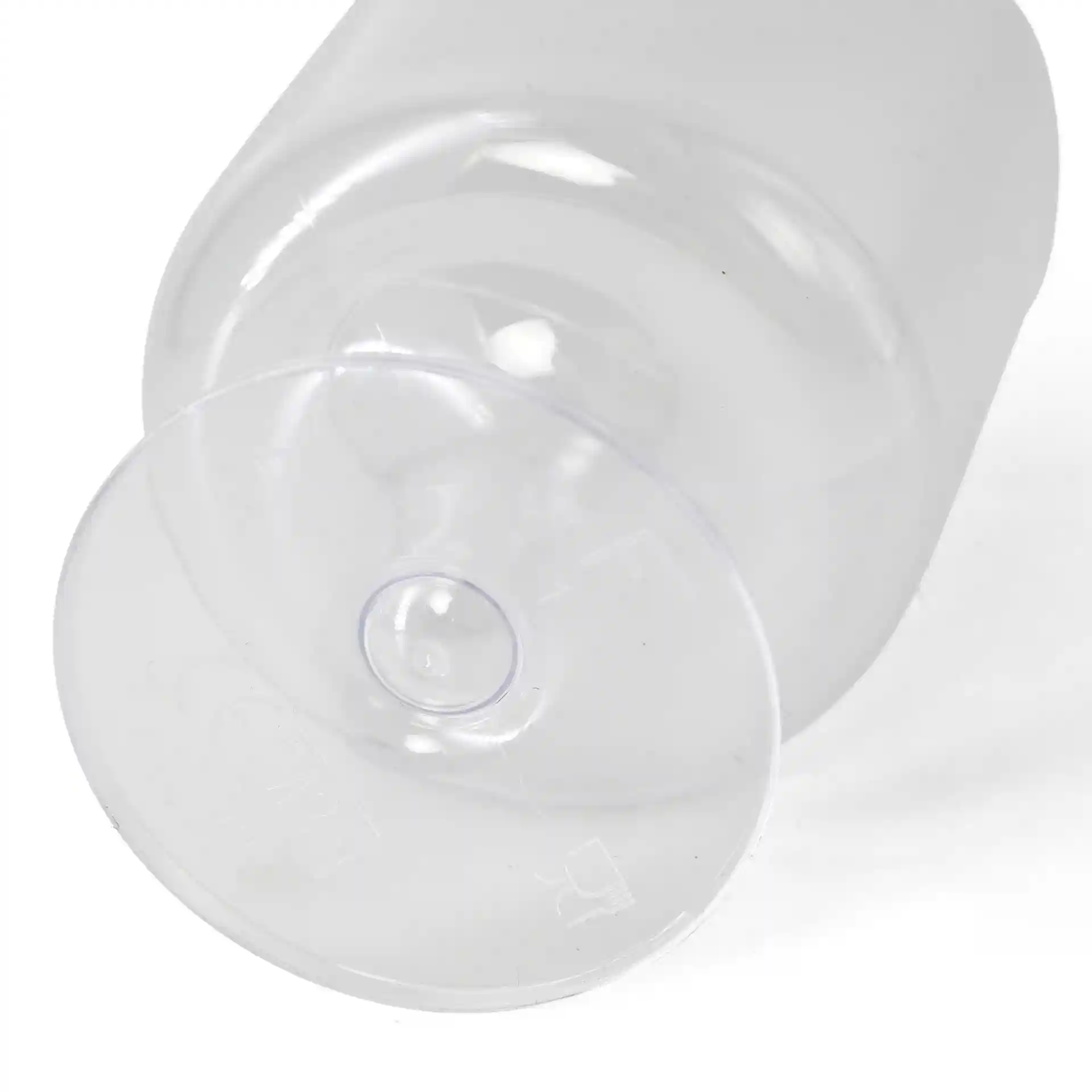 Transparent reusable wine glass with a 200 ml capacity, showing the bottom and base design.