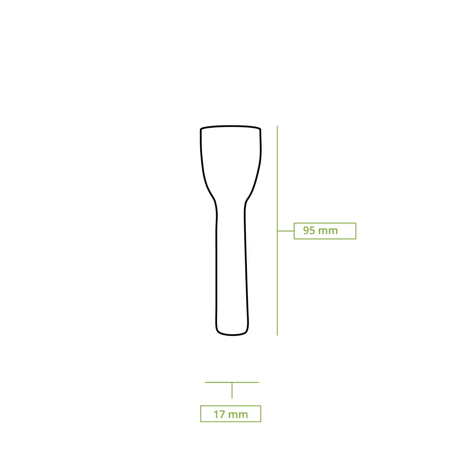 Schematic drawing of a wooden ice cream spoon, measuring 95 mm in length and 17 mm in width.