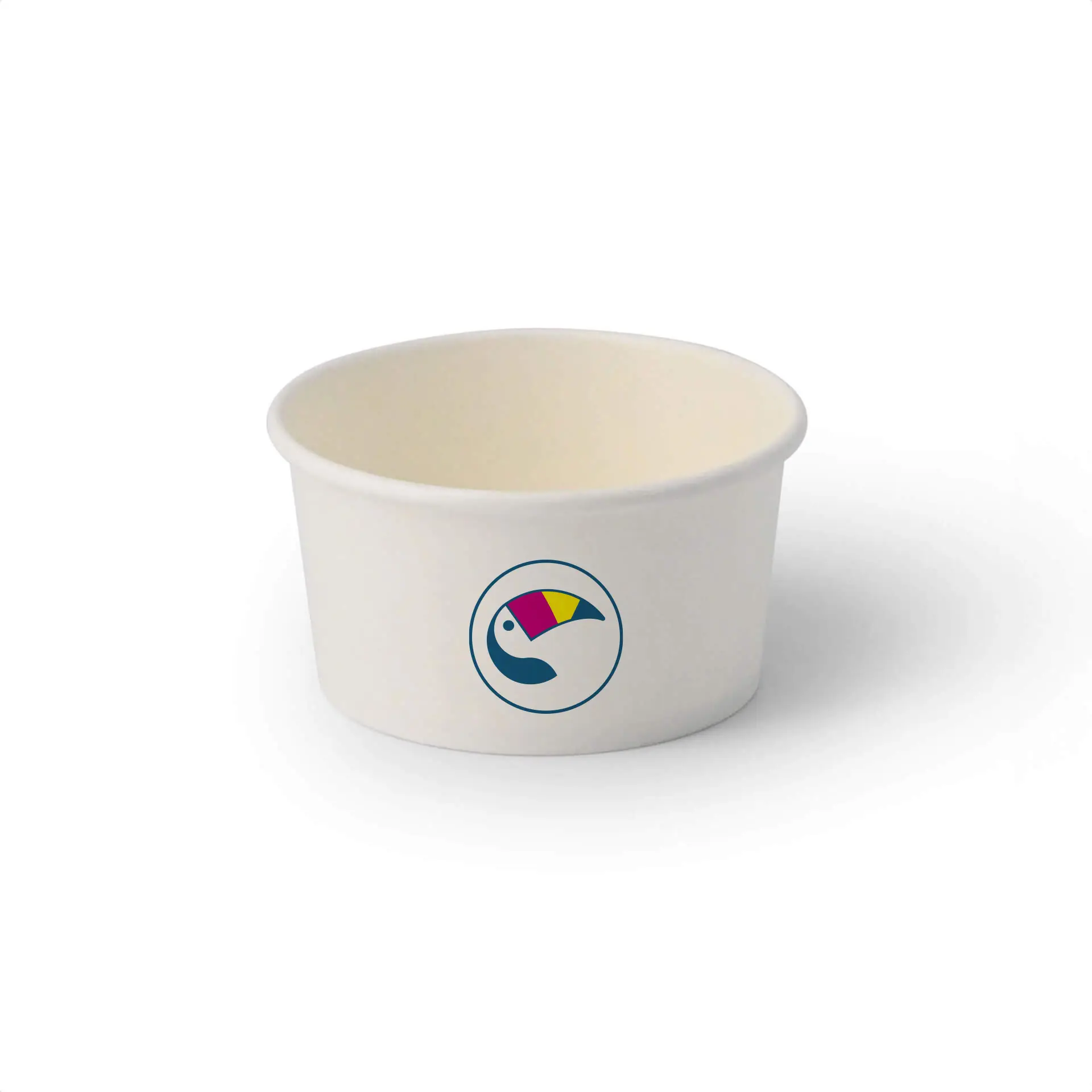White ice cream cup with a colorful logo, designed for 150 ml servings, featuring a water-based coating.