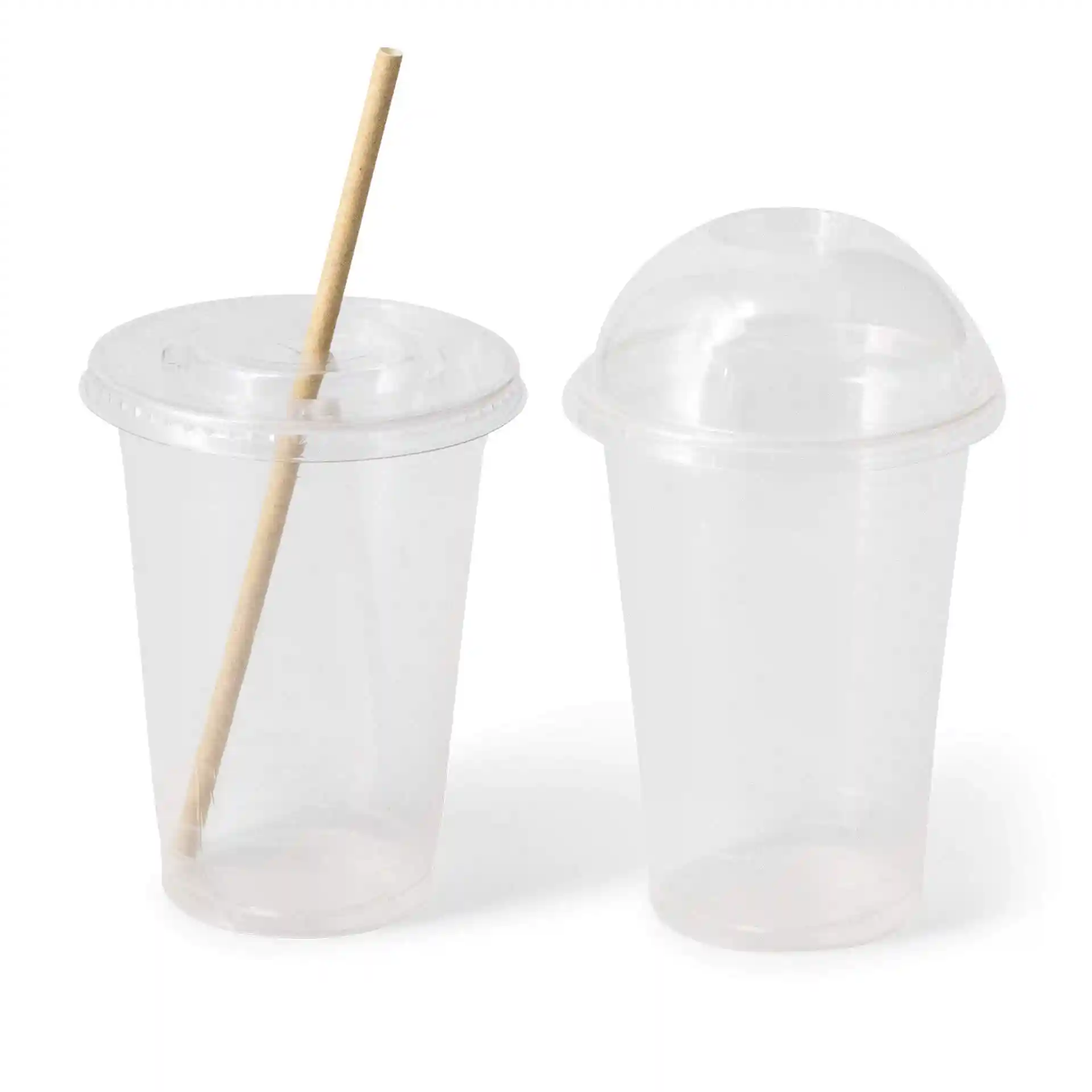 Transparent 16 oz plastic cups with a straw, one with a dome lid and one with a flat lid.