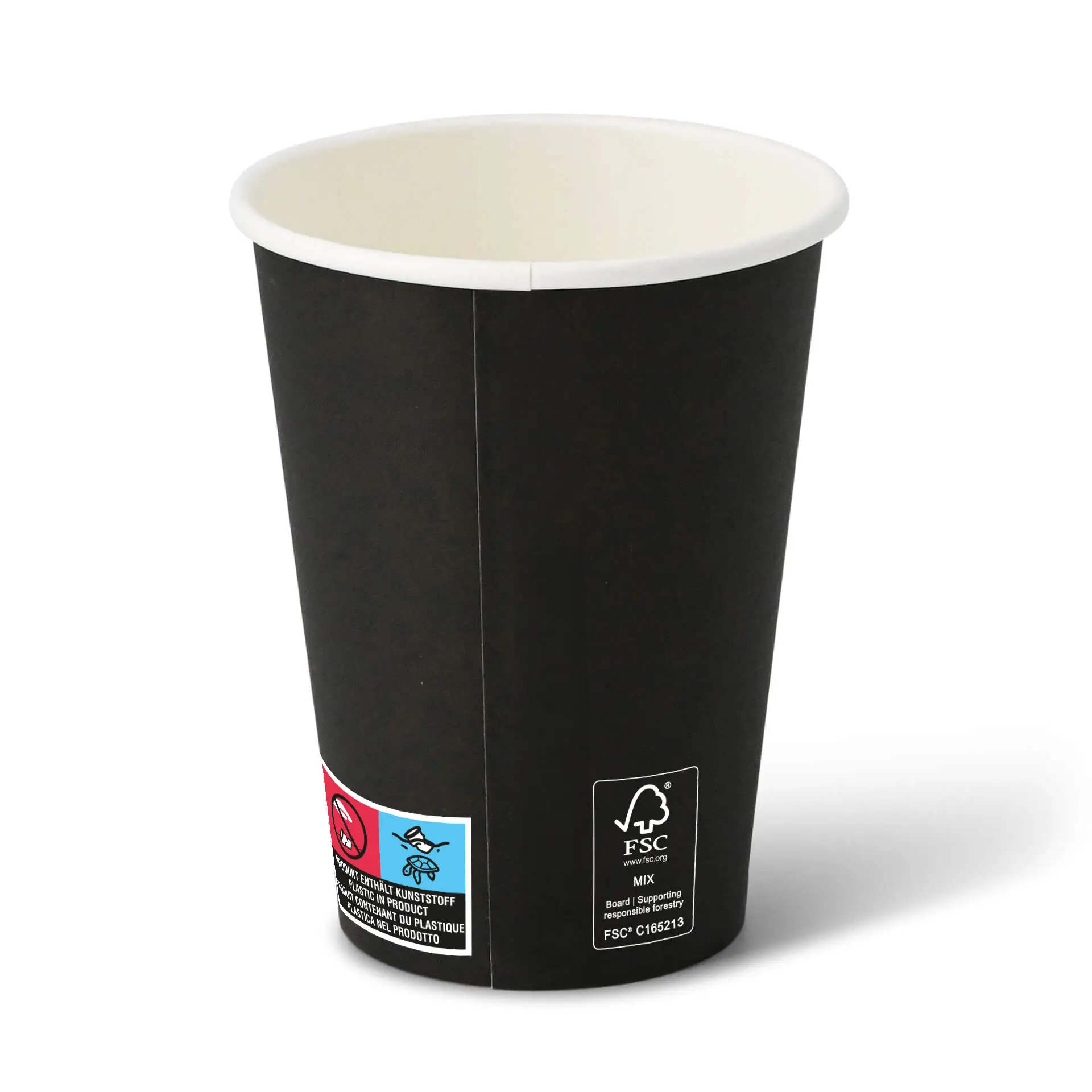 Black 12 oz paper cup with a round shape and a white interior, featuring various labels on the side.